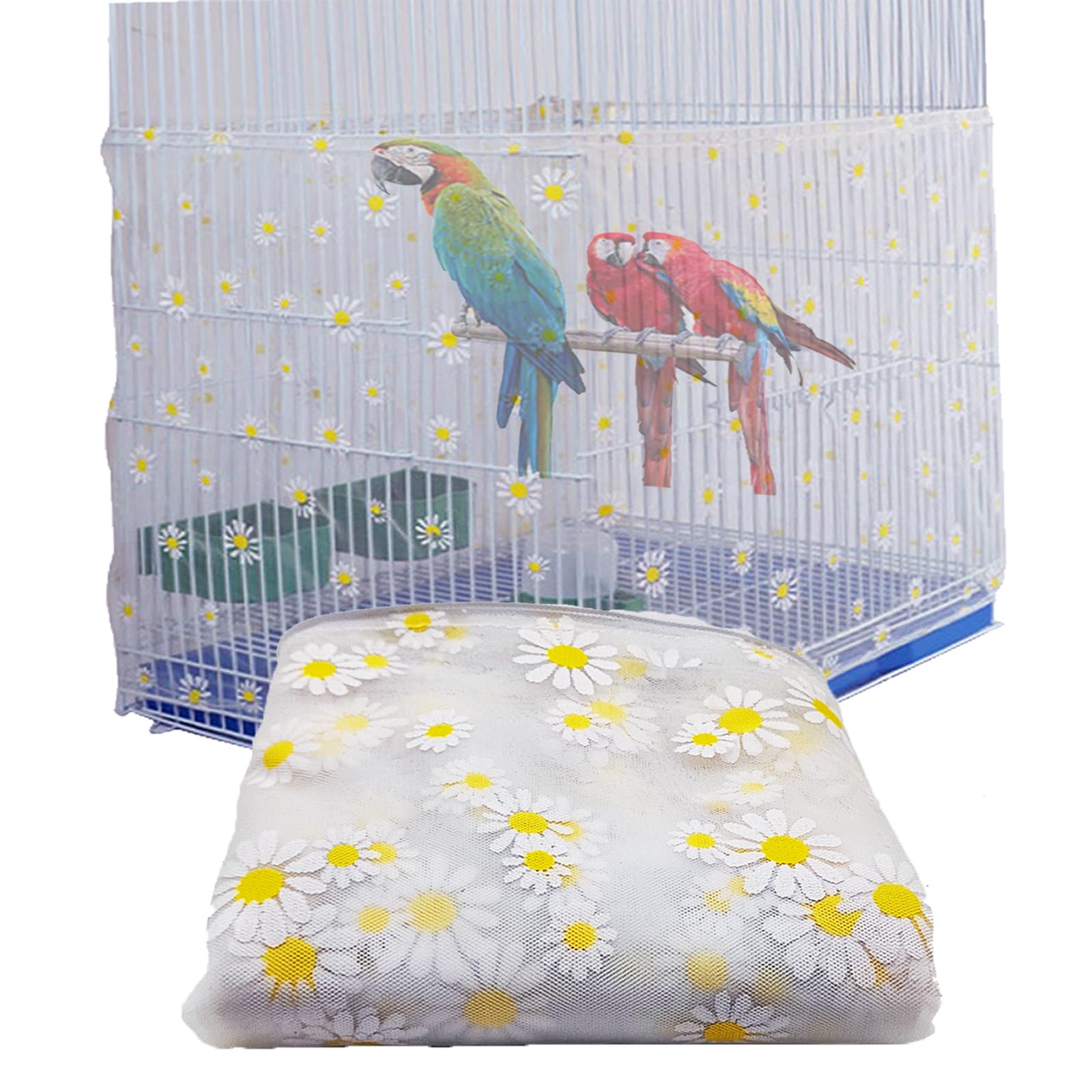 Large Bird Cage Cover Bird Cage Seed Catcher Bird Cage Liner Net Bird Cage Skirt Guard Birdcage,Adjustable Nylon Mesh Net for Parrot Parakeet Macaw Round Square Cage Daisy Design (White,X-Large)
