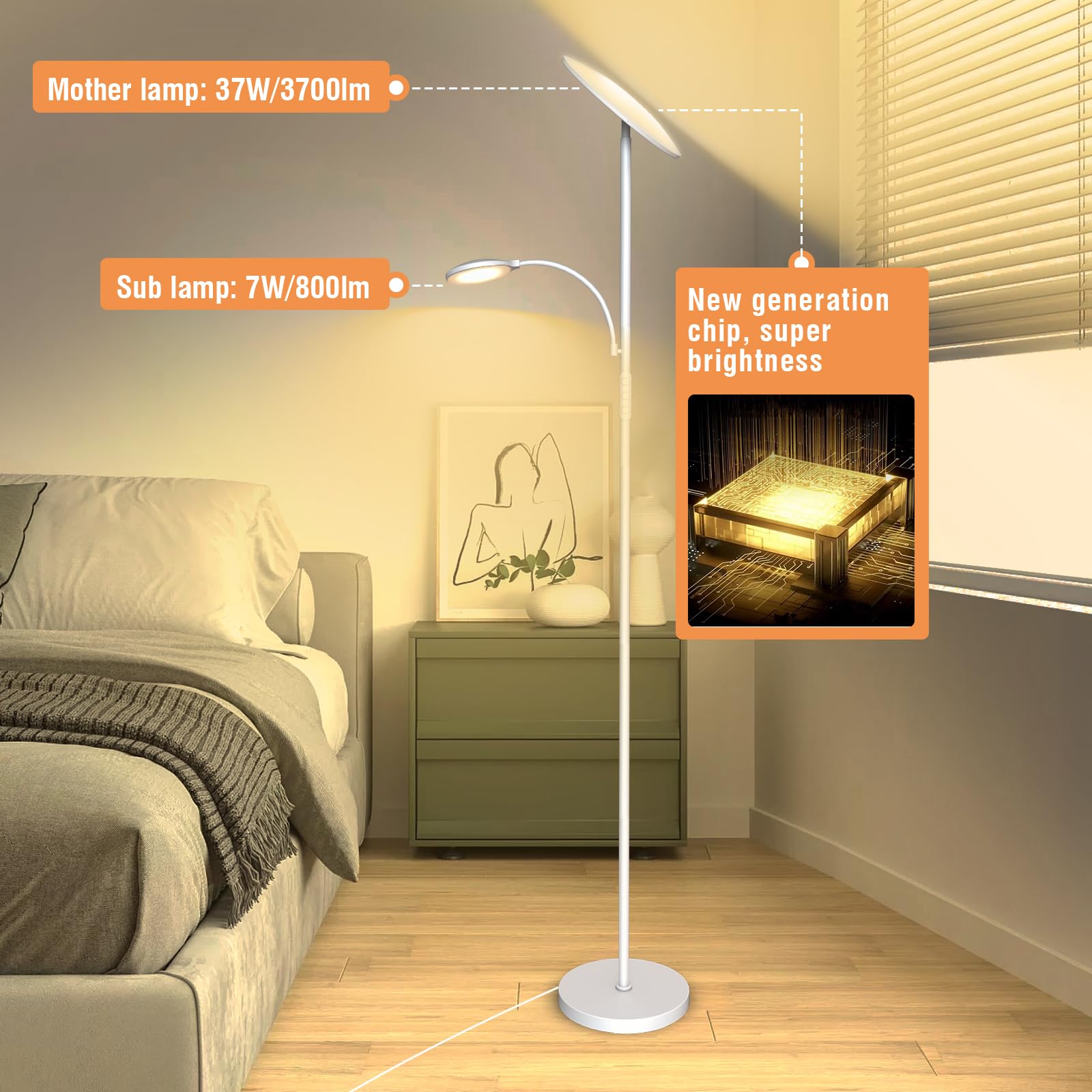 Weiß - Lampada da terra a LED, 44 W, 4500 lm, super luminosa, da soggiorno, dimmerabile, 2700 K-6500 K, da lettura, con telecomando e controllo tattile