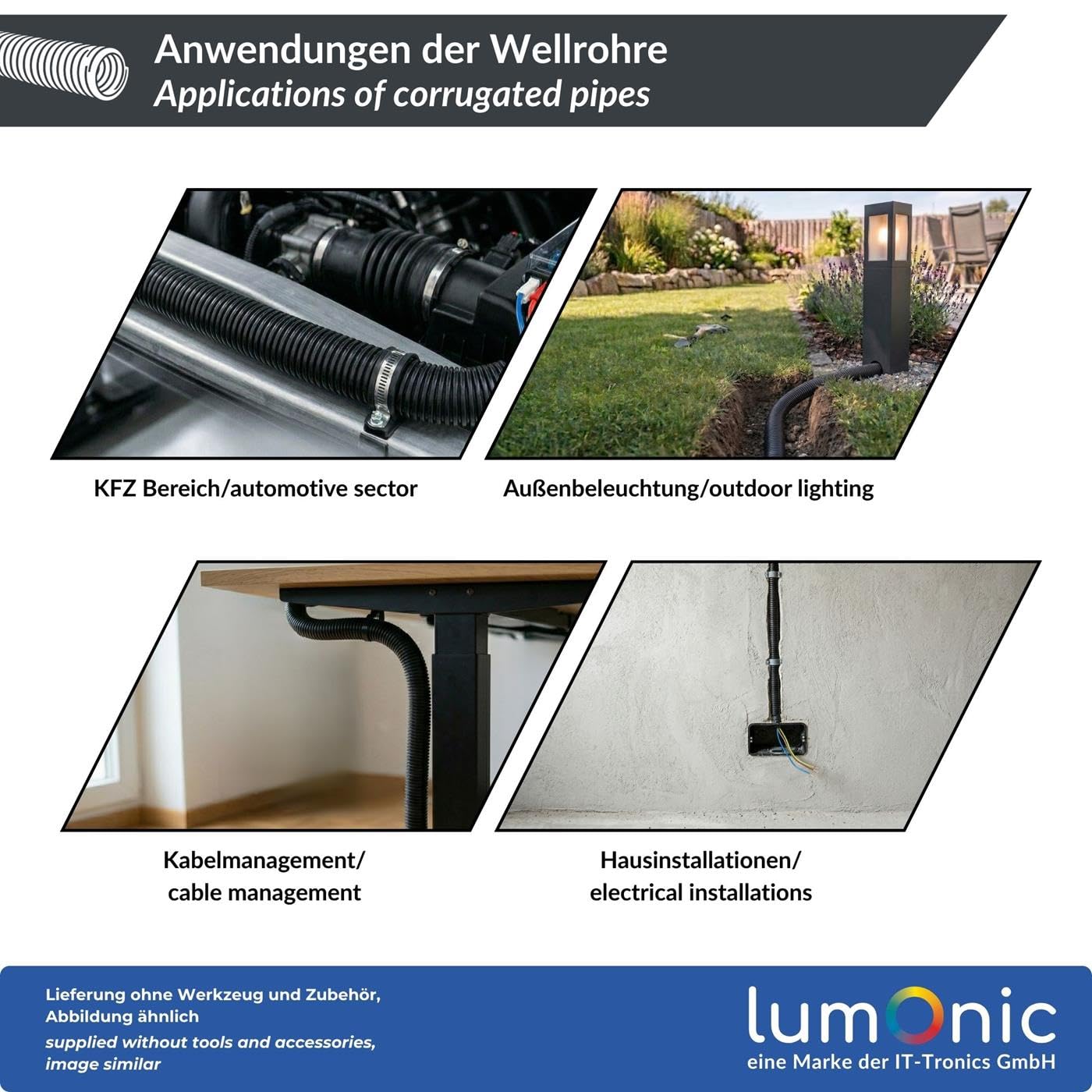 Lumonic 25m Tube ondulé Fendu | Diamètre intérieur 37mm | -40...+125°C | polypropylène ignifugé | Solaire, Câblage Domestique, Véhicule, Armoire électrique