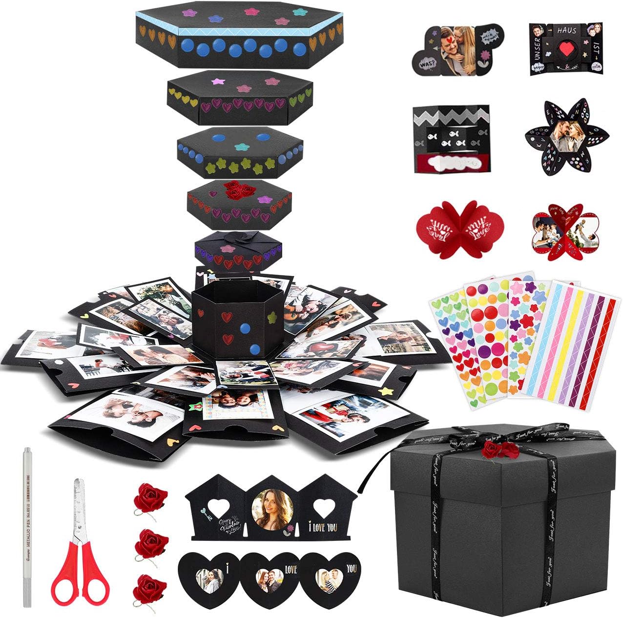 Emooqi DIY Explosion Box, Creative DIY Handmade Surprise Explosion Gift Box Love Memory, Scrapbooking Photo Album Gift Box for Birthday Valentine's Day Anniversary Wedding Christmas Festival … (Dark)