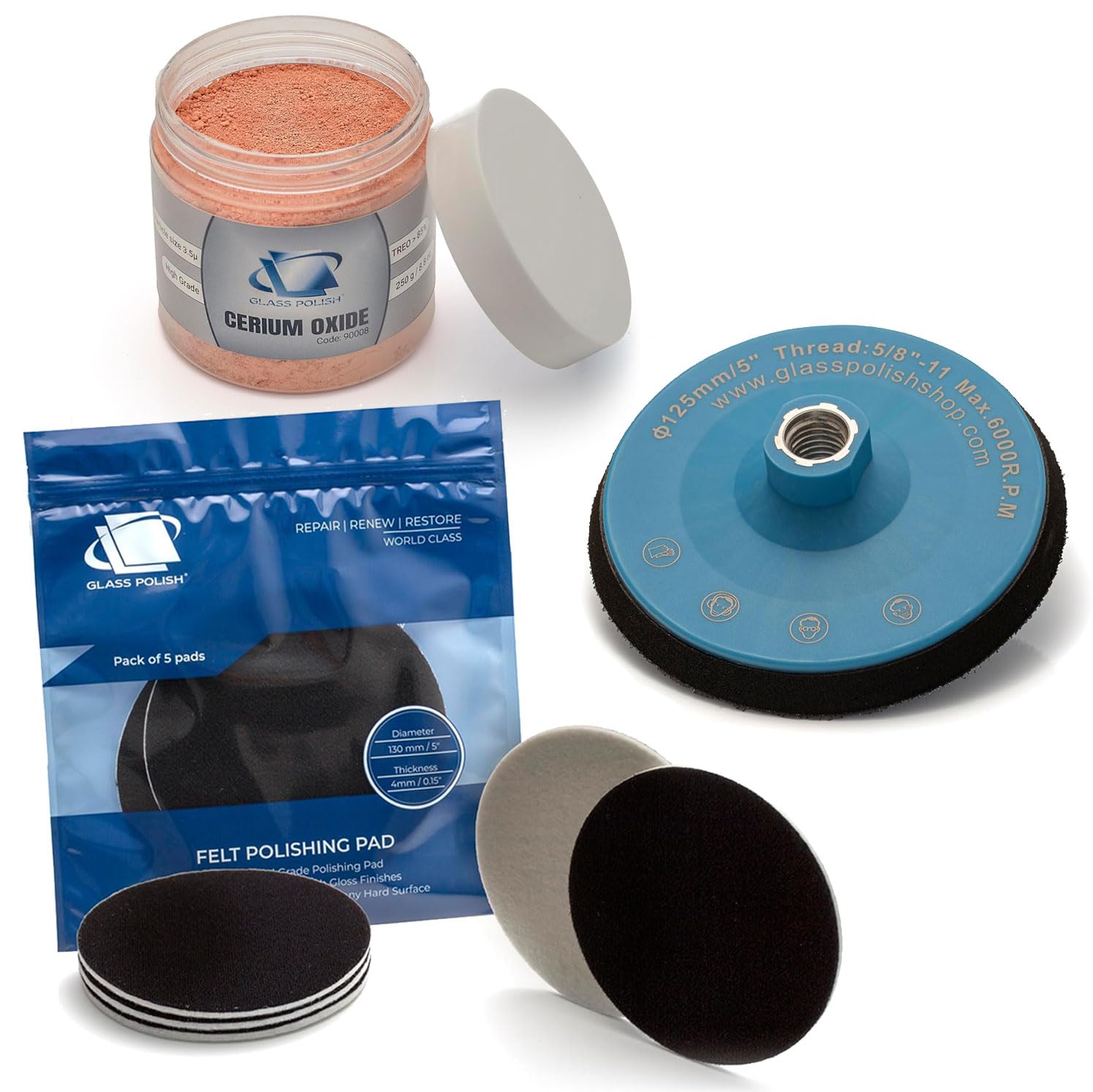 GLASS POLISH PRO Glass Polishing Bundle: Set of 8.8oz Cerium Oxide Powder, 5" Backing Pad with 5/8"-11 Thread, and Felt Polishing Pads for Superior Glass Restoration