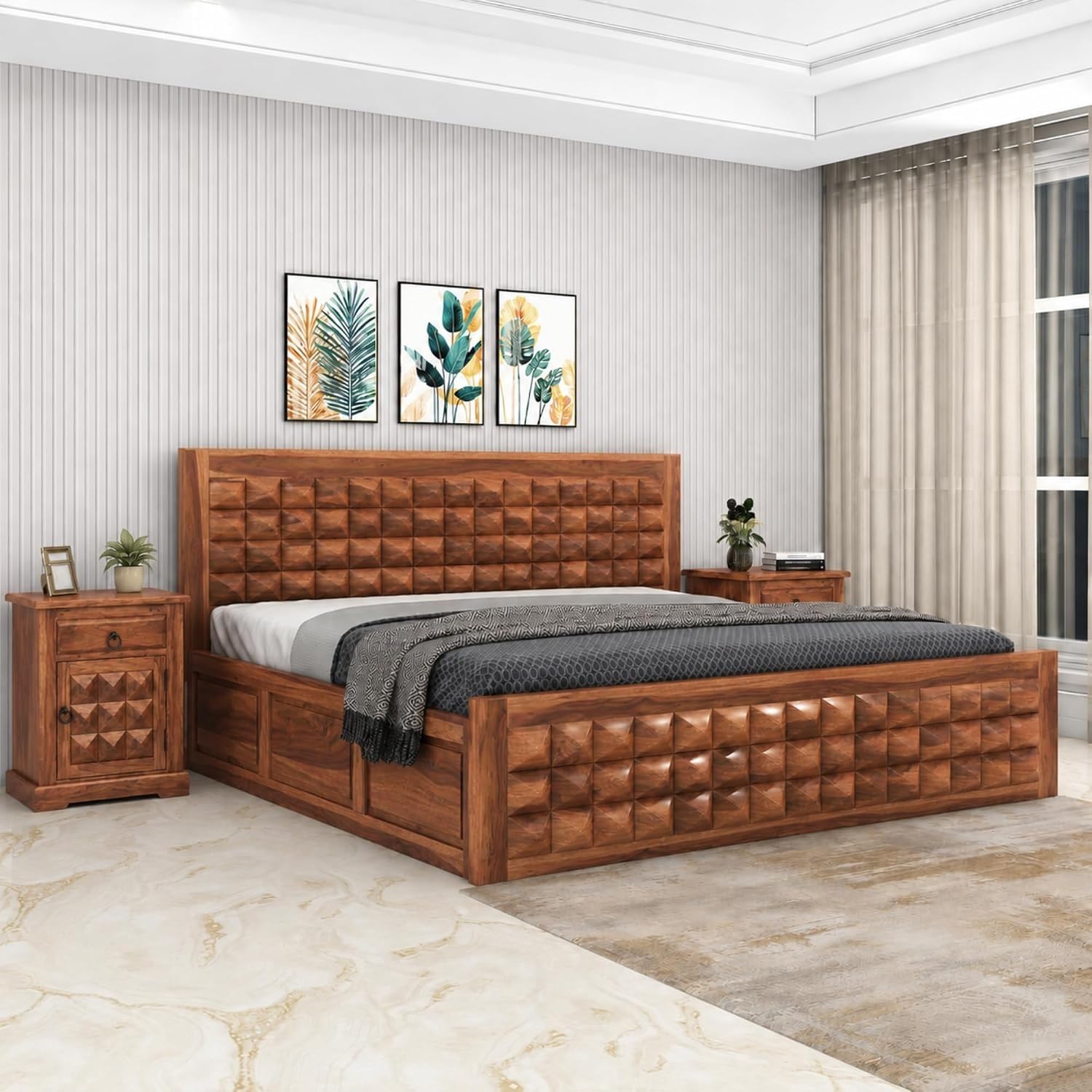 Diamond Solid Sheesham Wood King Size Bed with Storage Box + 2 Side Tables | Wooden King Size Cot Bed Double Bed with Box for Home - Natural Finish (Assembly Included)-image-46