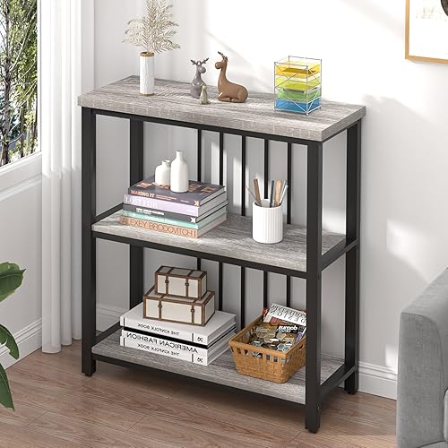 Vista 39 de FOLUBAN Estantería de 3 niveles, estantería industrial y estantes para libros, para dormitorio, madera rústica y metal, para oficina, roble