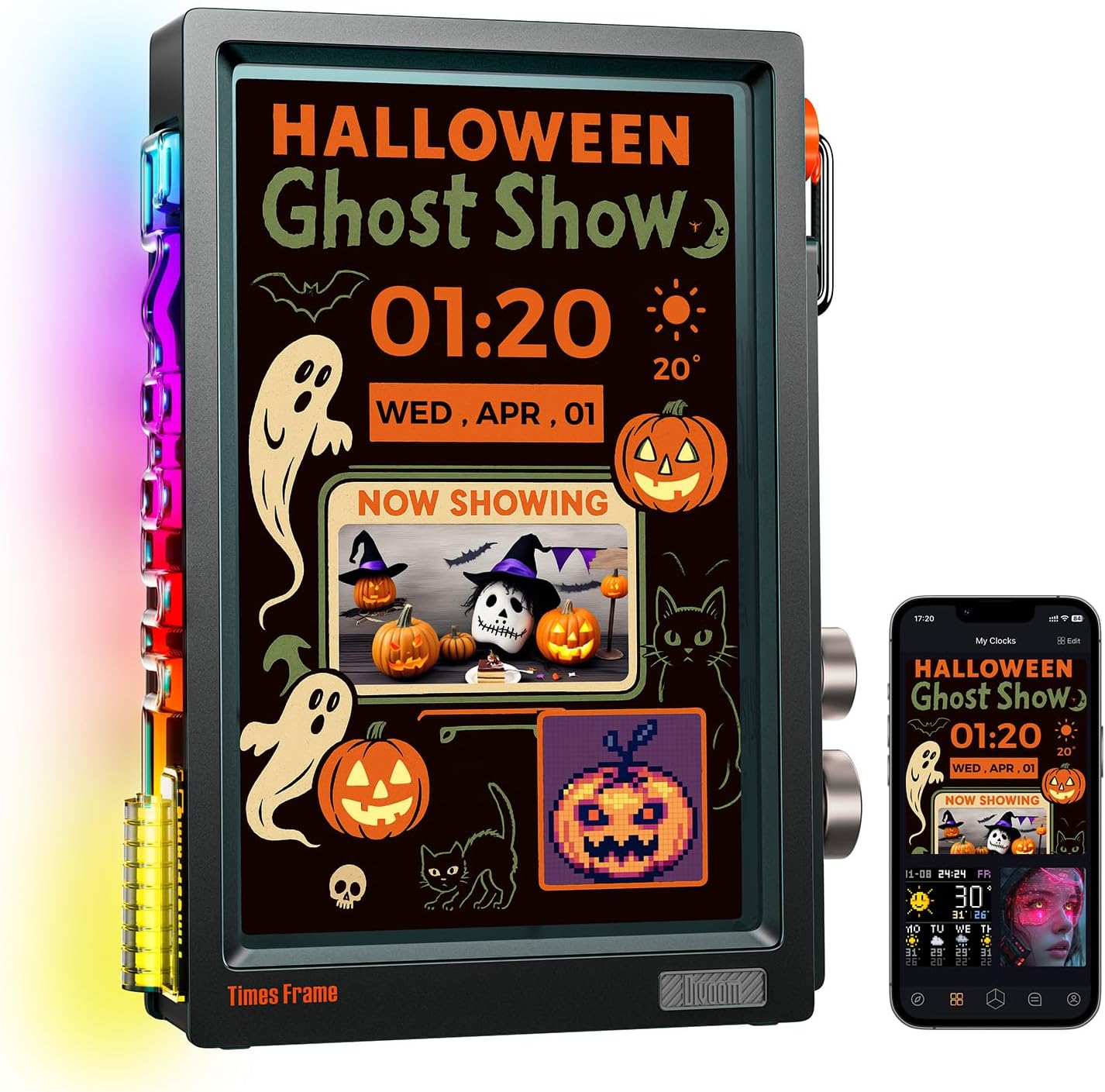 Divoom Times Frame-10.1" Digital Picture Frame Transparent IPS Smart Linux OS with RGBLED Rotary Knob WiFi 64GB 400+Clock Faces Widget 50+API Feeds Gift Mode Pixel Art Community Personalized Display