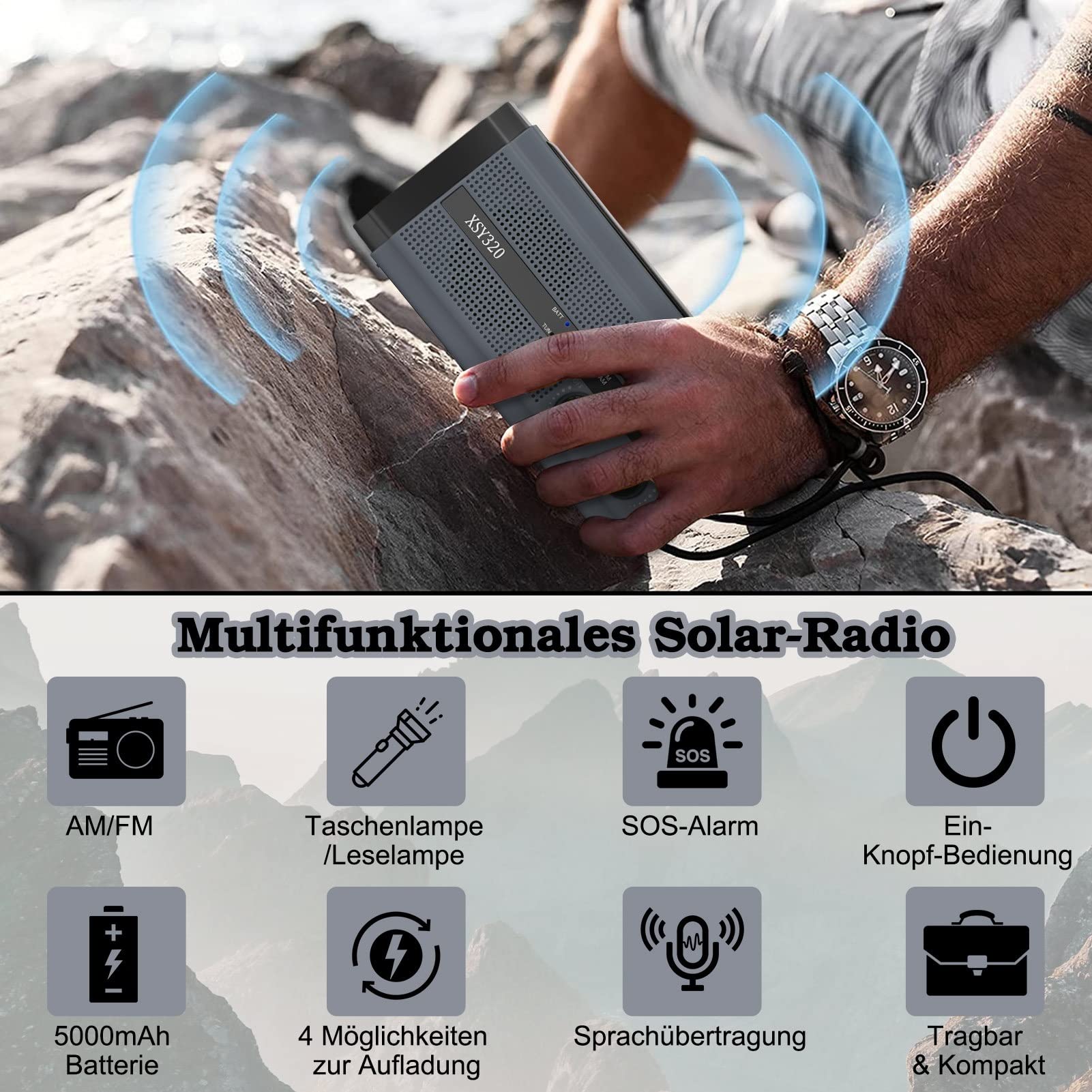 Nigecue - Radio solar, radio portátil con dínamo, radio con AM/FM, batería recargable de 5000 mAh, linterna LED de 3 modos, lámpara de lectura LED, alarma SOS para emergencias al aire libre, color
