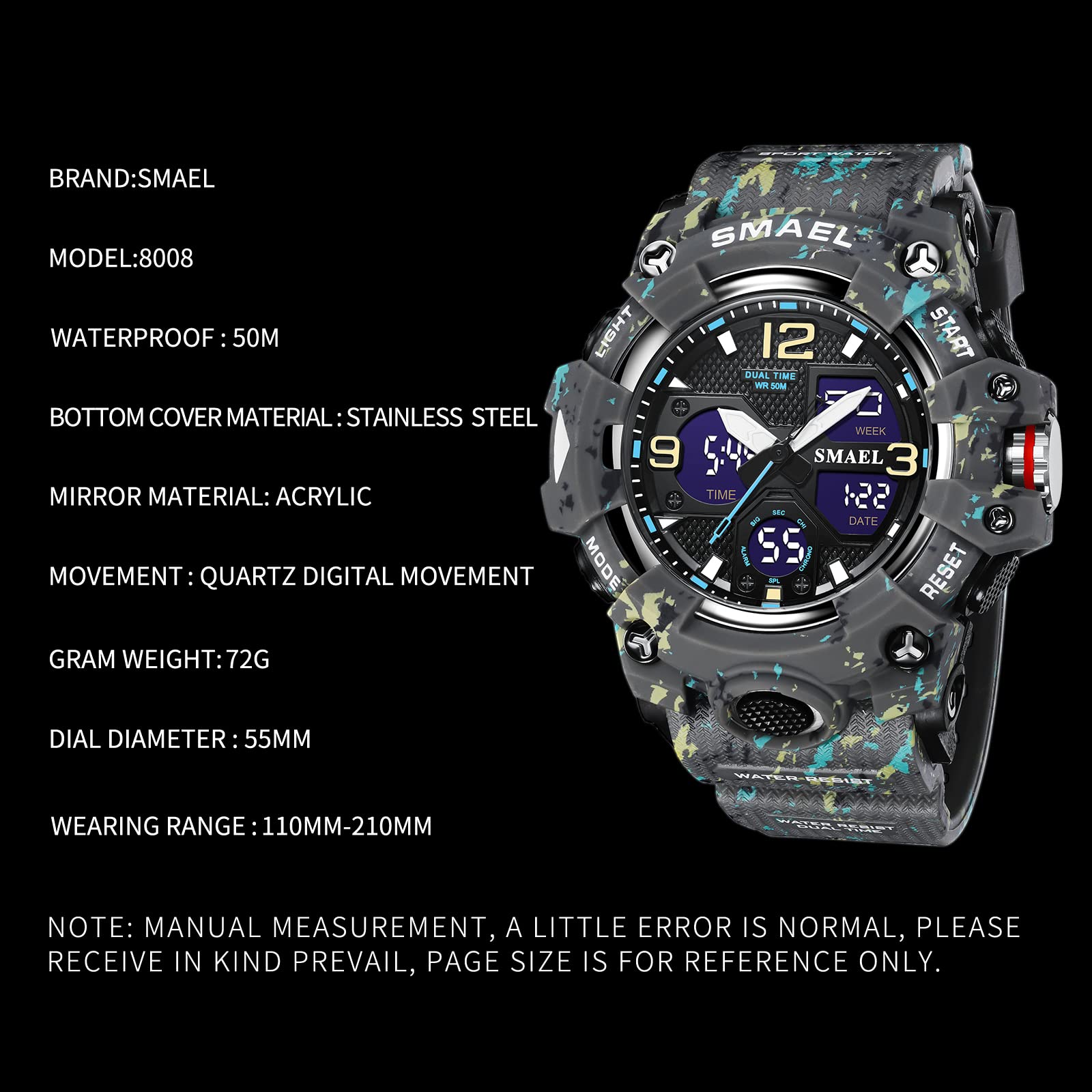 SMAEL 8008 Reloj de cuarzo deportivo resistente al agua reloj de camuflaje de color dual digital (camuflaje gris), Camuflaje Gris