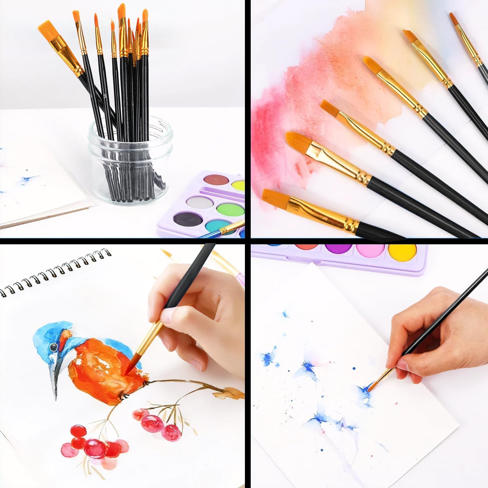 AROIC Pinceles de pintura, 10 unidades, 100 unidades, pinceles de pintura acrílica, pinceles de pintura de artista para pintura al óleo, acuarela, pintura acrílica para pintura de roca (negro)