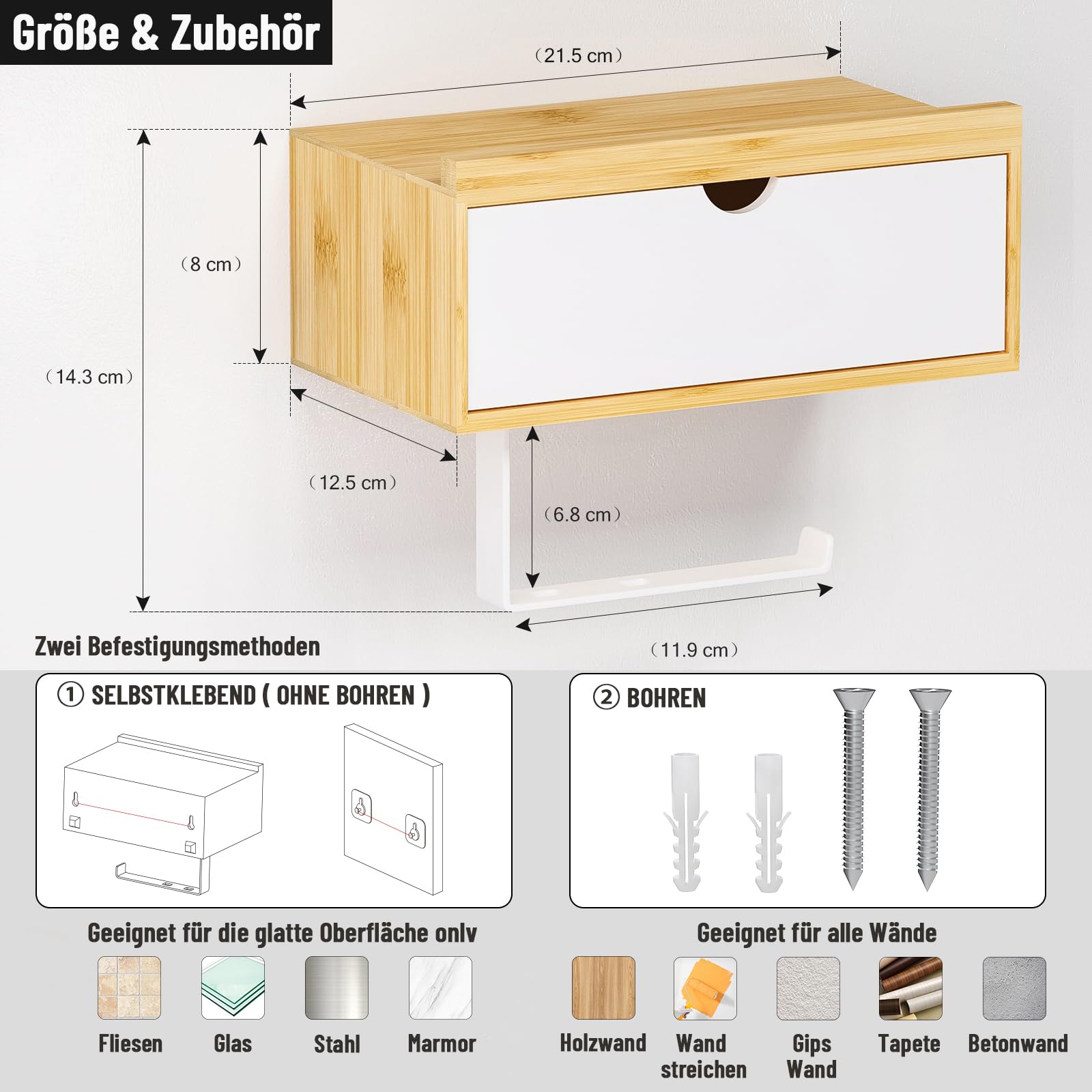 Toilettenpapierhalter Ohne Bohren, Klopapierhalter mit Feuchttücherbox Klorollenhalter mit Ablage Bambus Papier Halterung für WC Badezimmer, Selbstklebend or Bohren Natur
