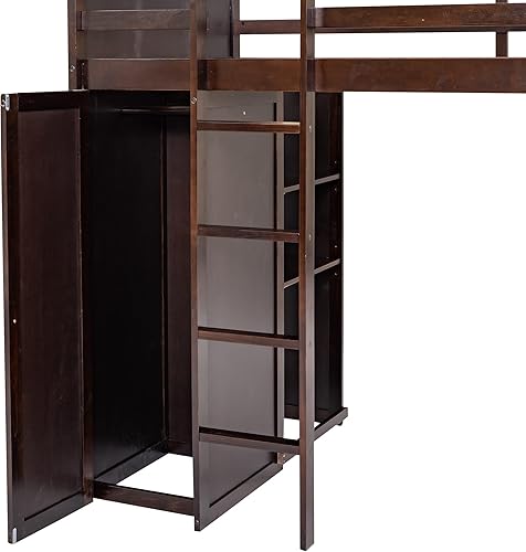 Miniatura 214 de Cama alta funcional tamaño individual con 2 cajones y 2 armarios, base de cama de madera maciza con barandilla de seguridad y escalera de