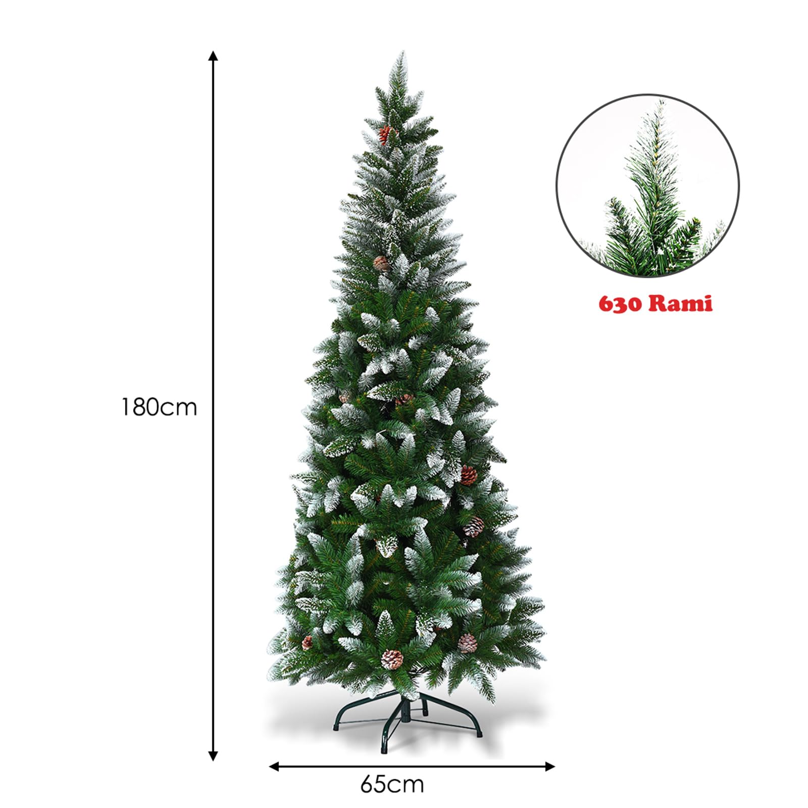 COSTWAY Albero di Natale Innevato 180/220 cm, Albero di Natale Slim con Pigne, Base di Metallo e Rami Rigogliosi in PVC, Ideale per Casa, Ufficio e Negozio (180 cm)