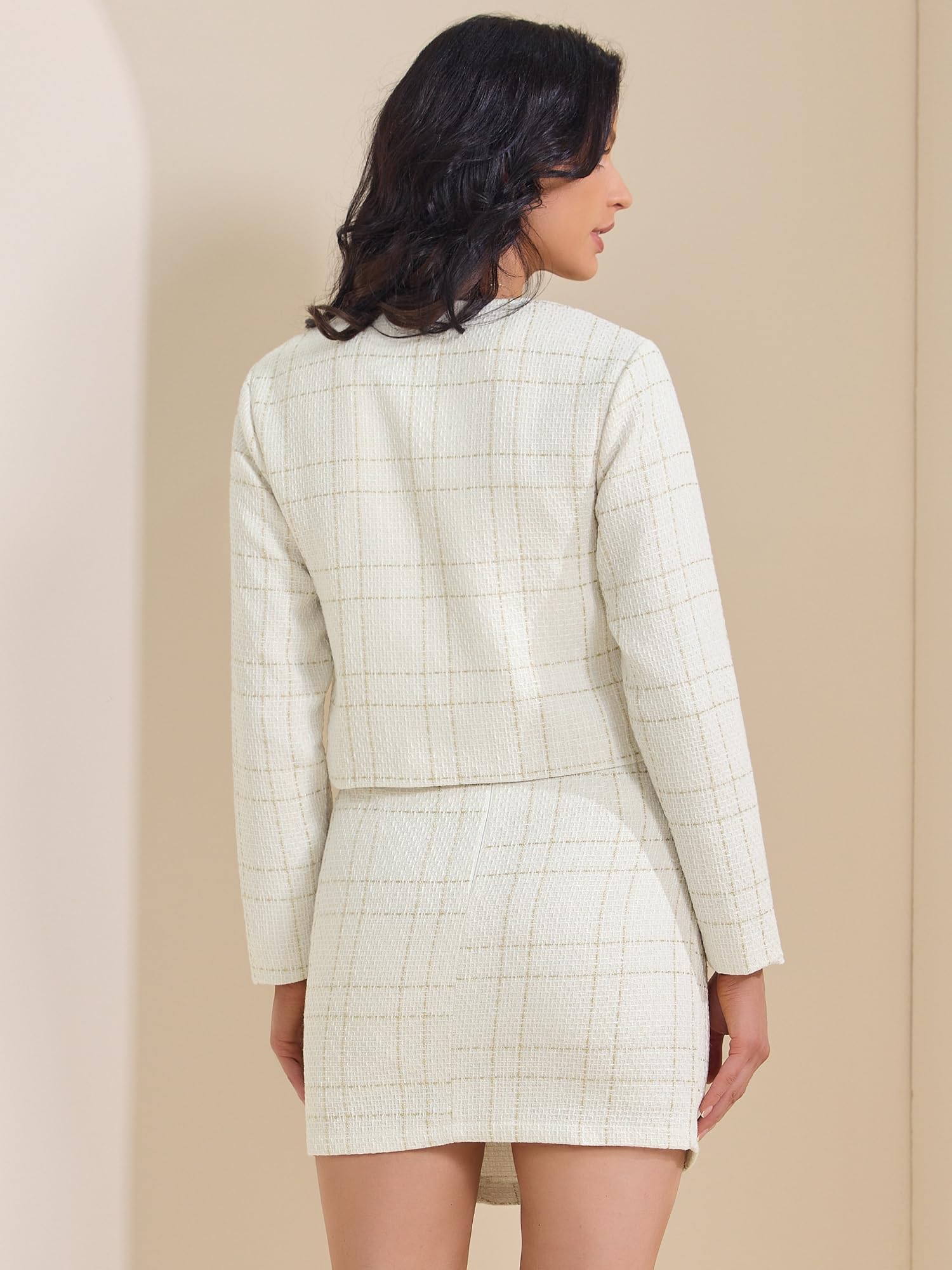 Allegra K Ensemble de jupes 2 pièces pour femme - Blazers en tweed - Veste boutonnée - Mini jupe - Tenues décontractées d'affaires 2025