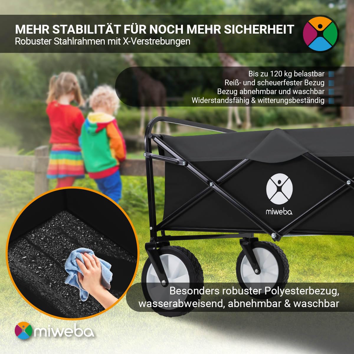 Miweba Faltbarer Bollerwagen MB-35 | Traglast 120 Kg - Klappbar - Handwagen faltbar - Transportwagen für Kinder - Kinderwagen - Gartenwagen - Wagen - Strandwagen - Faltwagen (Schwarz/Dunkelgrau)