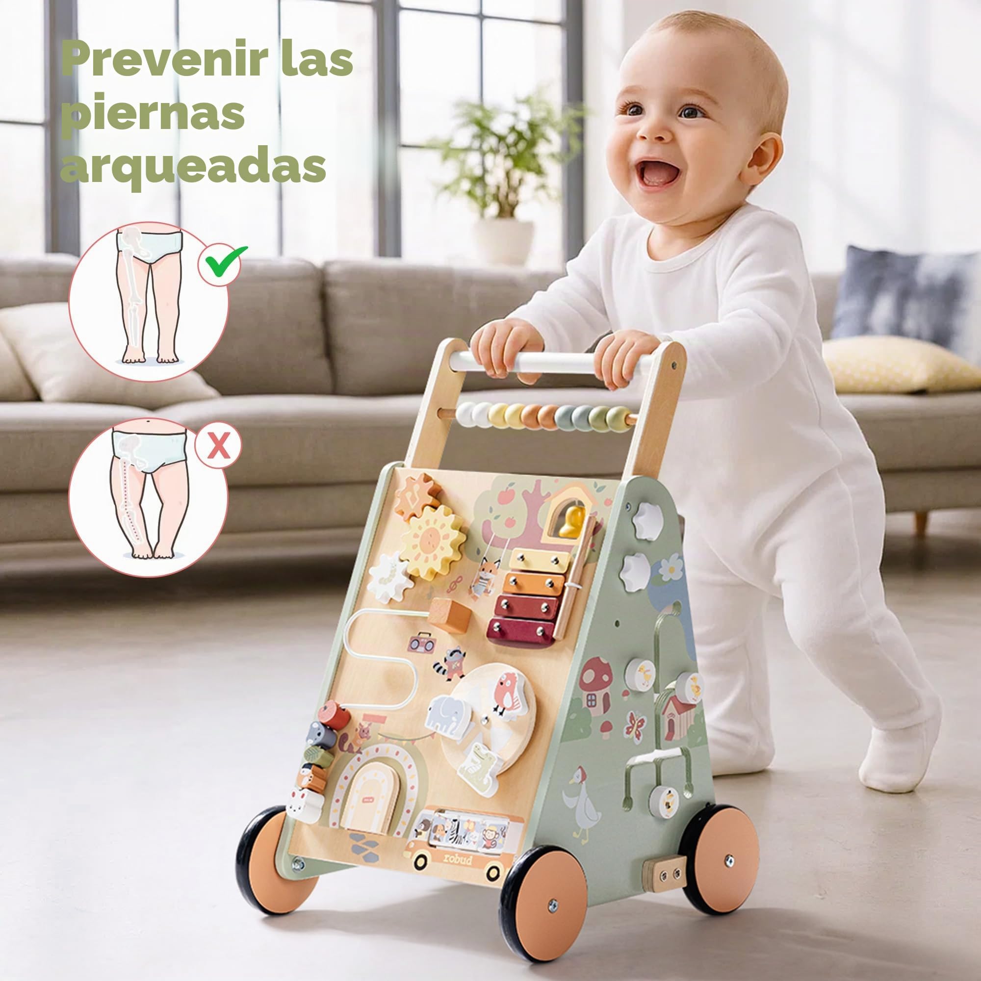 ROBUD Andador de madera para bebés para niños pequeños, juguete multifuncional 8 en 1 con centro de actividades, gran espacio de almacenamiento, control de altura y velocidad, andador educativo de