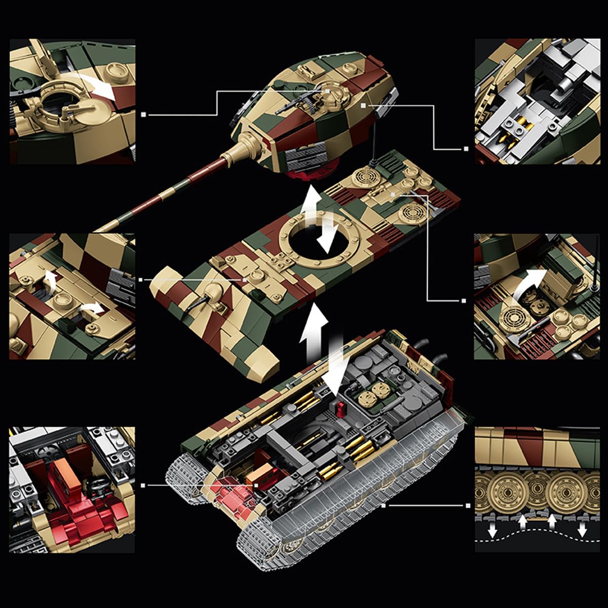 King Tiger Panzer Bauspielzeugsets, Modulares 1:28 WW2 Militärpanzer Modell, Klemmbausteine Panzer Militär Modellbausatz für Erwachsene, Waffen Krieg Fahrzeuge Klemmbausteine Kit(1780PCS)