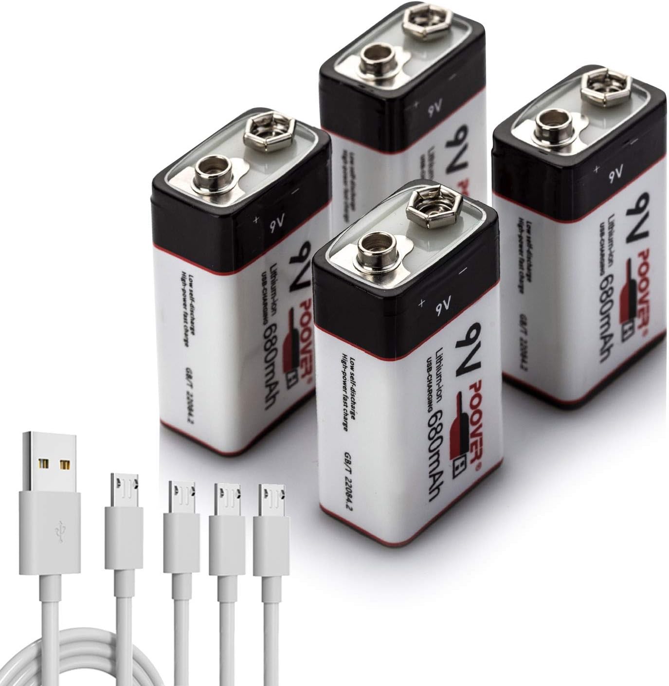 9v Battery,POOVER 680mAh Rechargeable 9volt Lithium Li-ion Battery with 9v Connector Smoke Alarm(4 Pack USB battery & 4-1 cable)