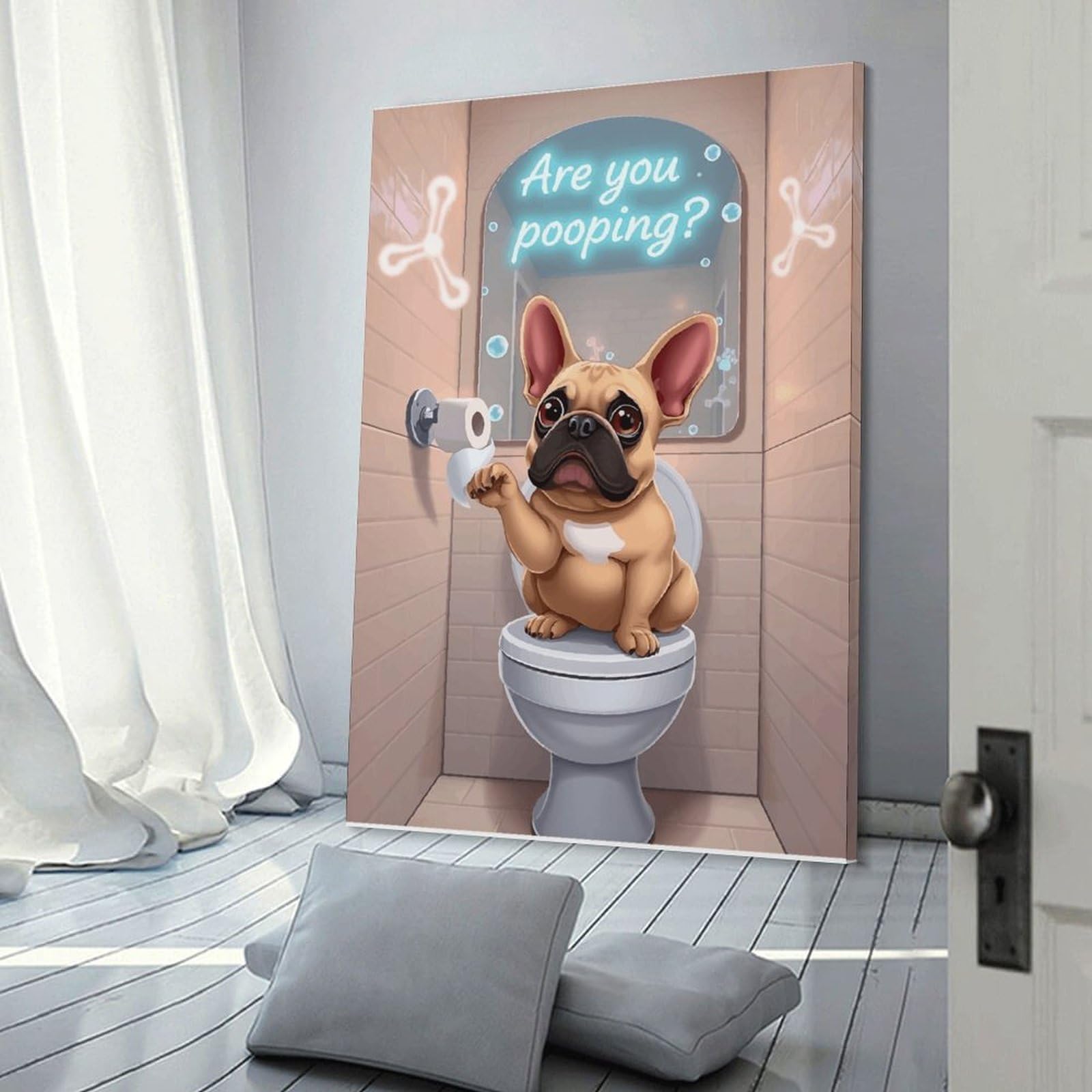 Junmoney Funny French Bulldog Pooping Wall Art Print 24x36inch(60x90cm), for Picture Wall Styling in Lounge Or Bedroom, A Versatile Canvas Print for Layering