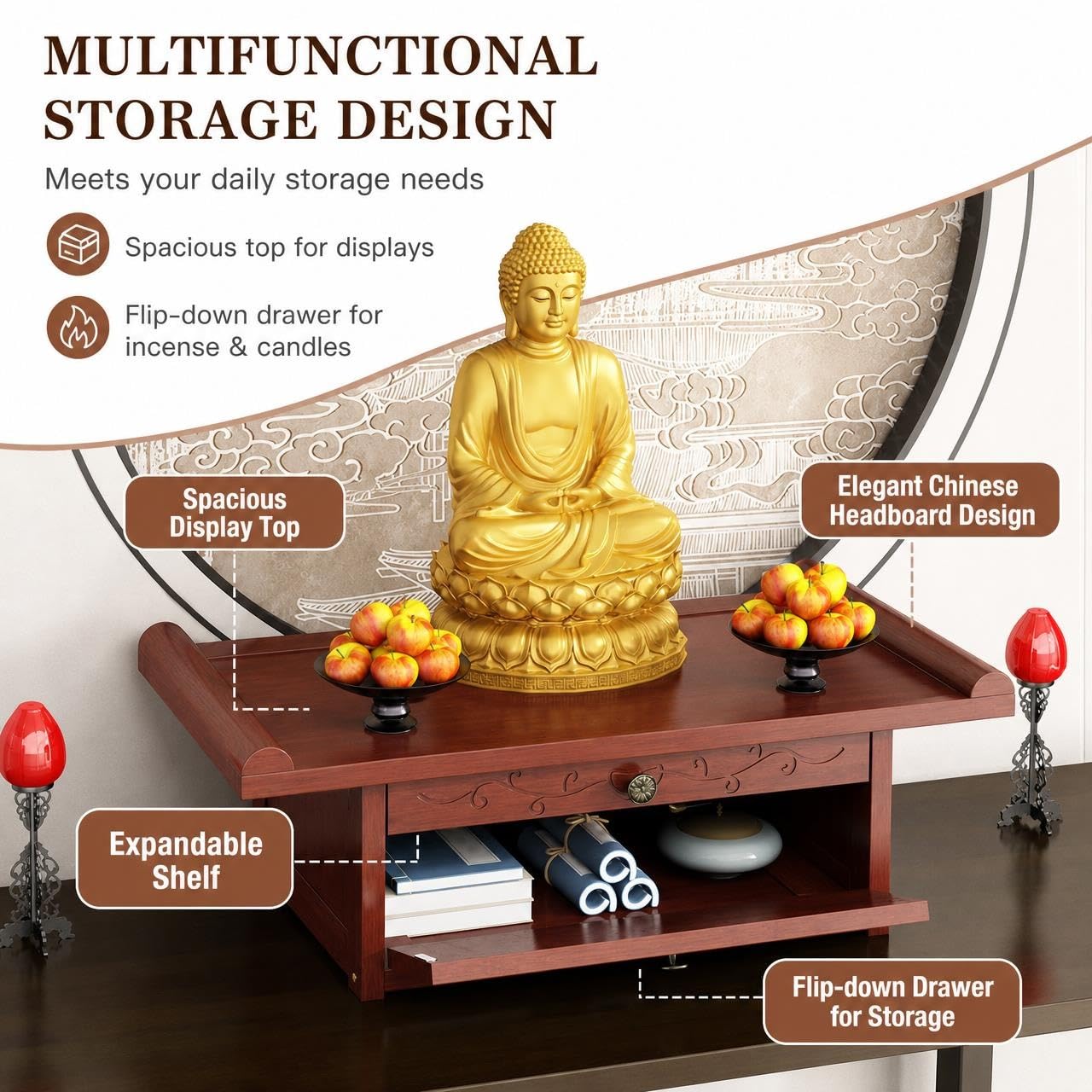 Altar de Mesa de Madera para Oración, Soporte para Buda con Cajón