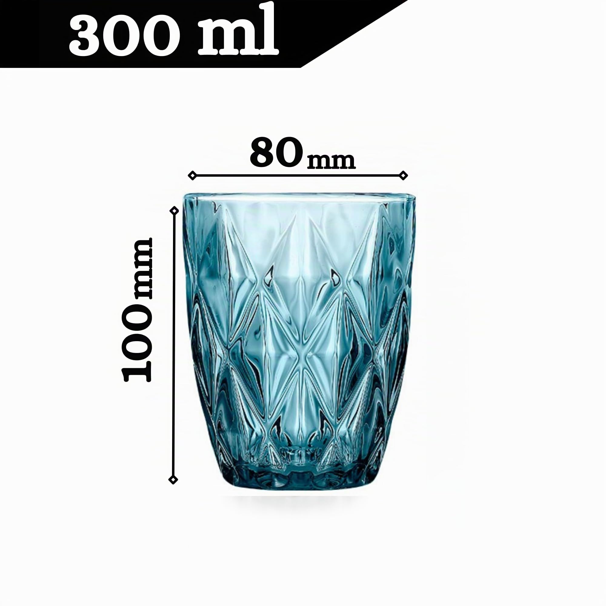 Pack 6 Vasos de Cristal Azul 300 ml – Vasos para Agua y Refrescos Diseño Diamante, Cristal Resistente – Aptos Lavavajillas, No Pierden Brillo – Vasos Apilables Elegantes para Mesa, Cocina y Cócteles