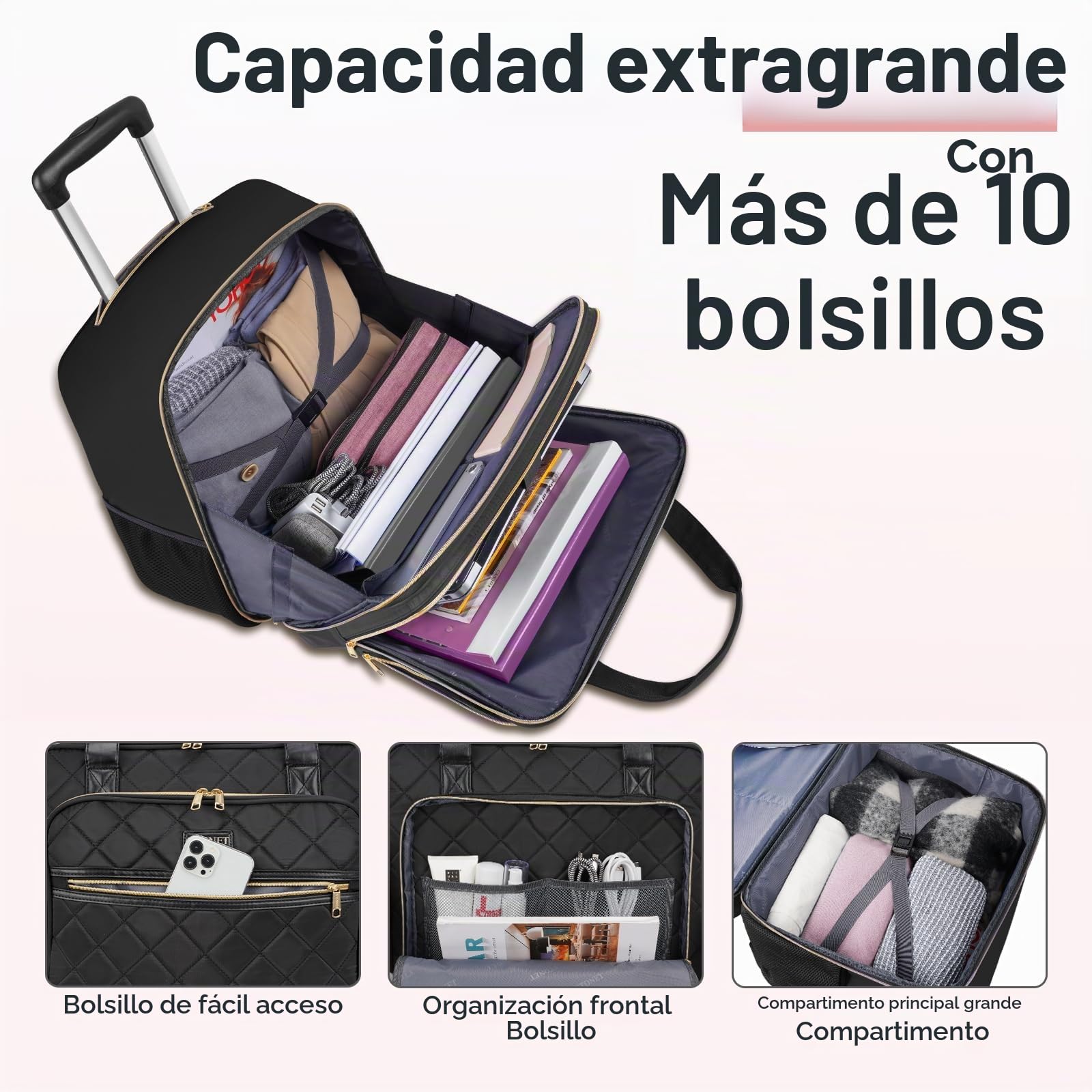 Ytonet Maletin con Ruedas Mujer Grande, Trolley con Ruedas 40L con Compartimento para Maletin Portatil 17 Pulgadas Multifuncional Impermeable Bolsa Laptop Bag para Viaje, Trabajo, Negocios, Negro