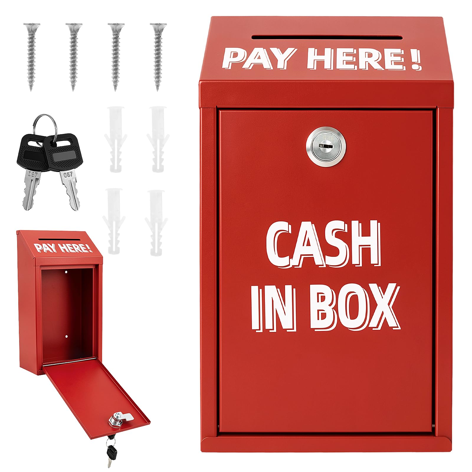 Metal Charity Donation Box with Lock,Wall Mounted Collection Boxes,Locking Mail Cash Box Suggestion Boxes with Top Slot for Home, Office & Shop Outdoor Door(gules,1)