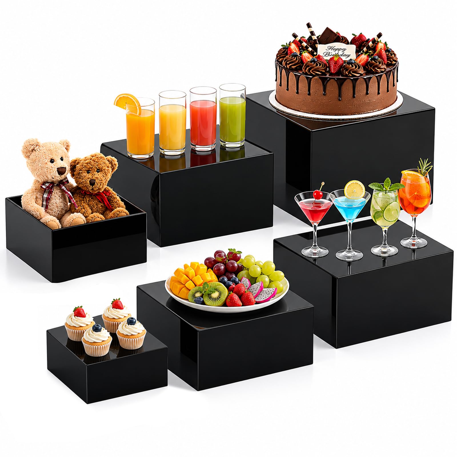 6 soportes de exhibición negros para alimentos y pasteles, elevadores de bufé, cajas de exhibición acrílicas, soportes de postre para exhibición de mesa de buffet, torre de cupcakes, soporte