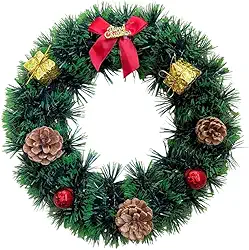 Guirlanda de Natal Verde com Pinhas, Bolas Vermelhas e Laço “Merry Christmas” – Enfeite Natalino Clássico para Porta e Janela – Decoração Tradicional para Entrada da Casa (30cm)