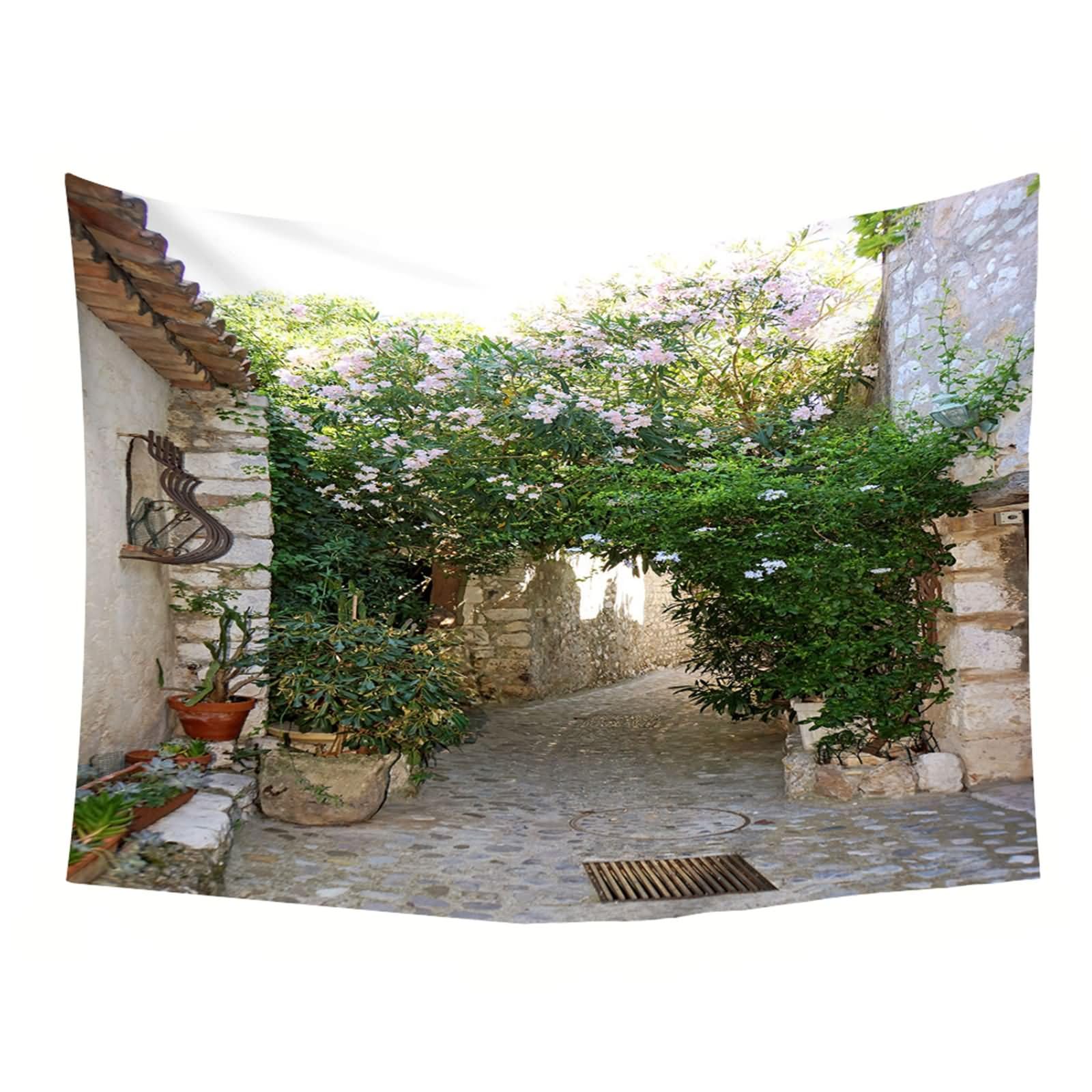 Homxi Tapiz para Sofá 200 W x 200 H CM, ​​Calles y Flores​​, Poliéster Tapices para Sofa, Marrón Verde Rosa