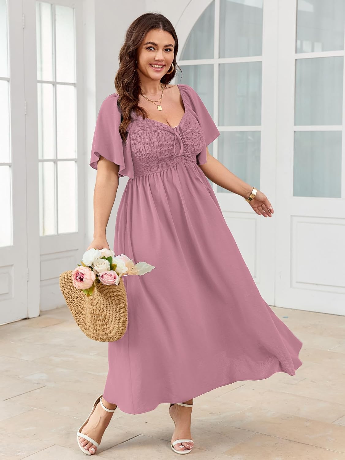 Women's Plus Size Maxi Dress Short Sleeve Sweetheart Neckline Smocked A Line Flowy Formal Wedding Guest Dress - Image 2