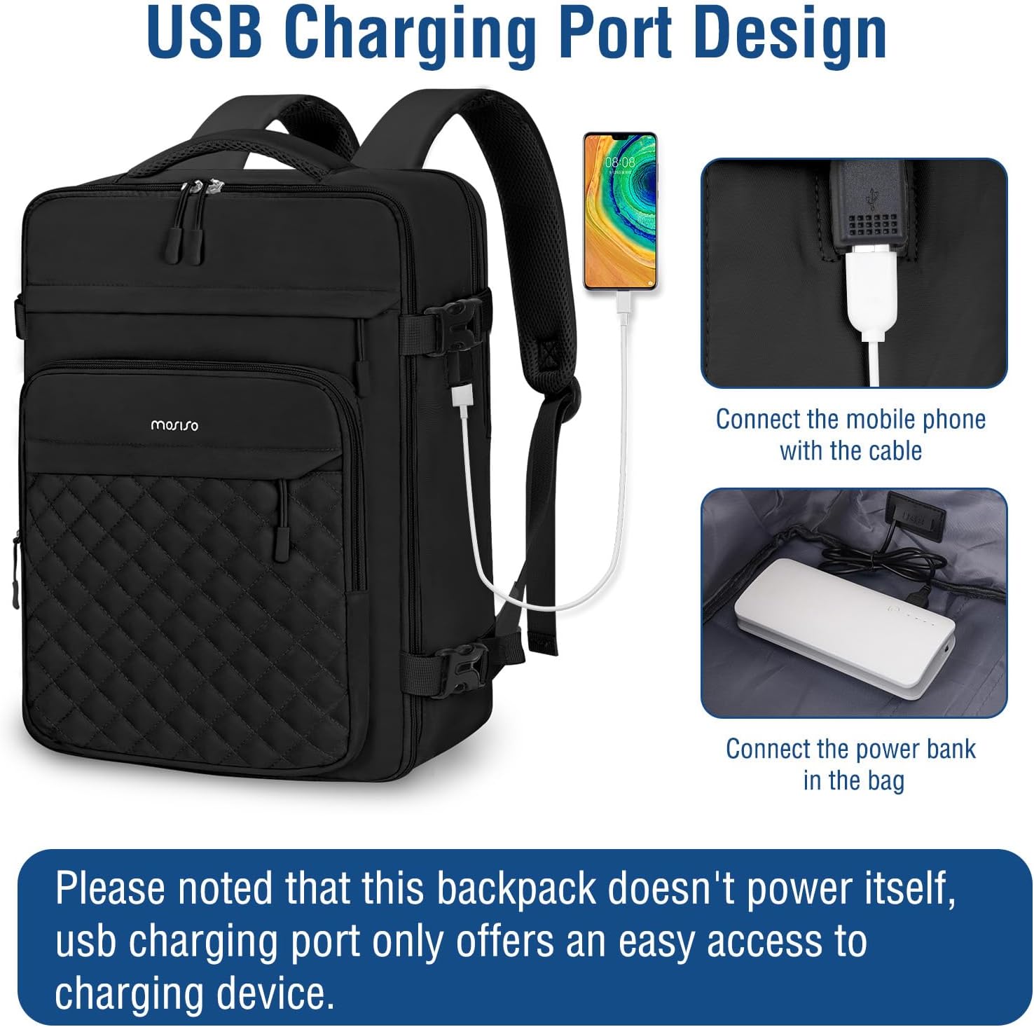 MOSISO Travel Backpack for Women Men, 15-15.6 inch Rhombus Quilted Laptop Backpack Flight Approved with Packing Cubes, 16 inch Carry on Daypack with USB Port for College Work Business, Black - Image 5