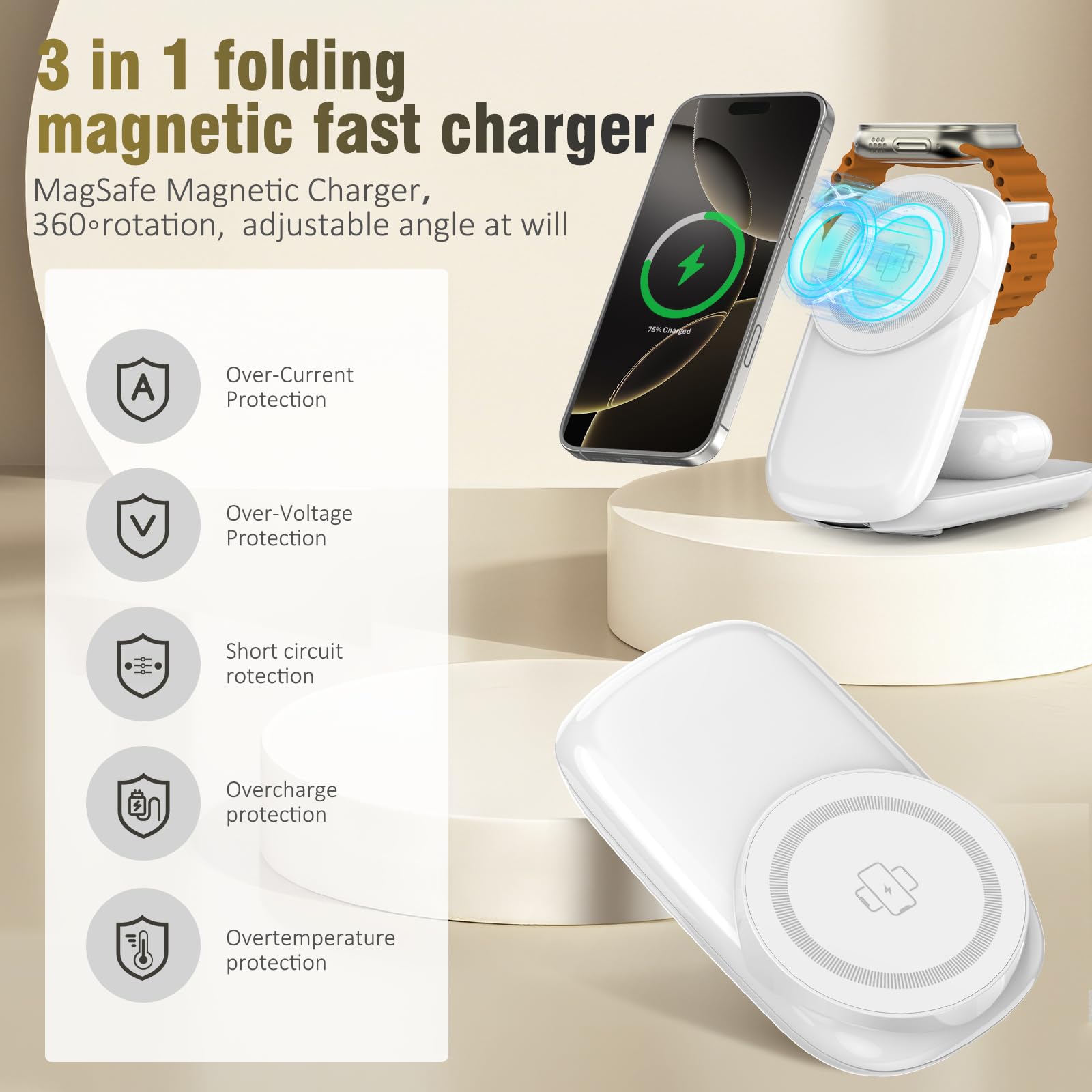 Cargador inalámbrico plegable, carga máxima rápida para iPhone 16/15/14/13/12 Pro Max, estación de carga 3 en 1 para Apple Watch 10-3 y AirPods Pro/4/3 (blanco)