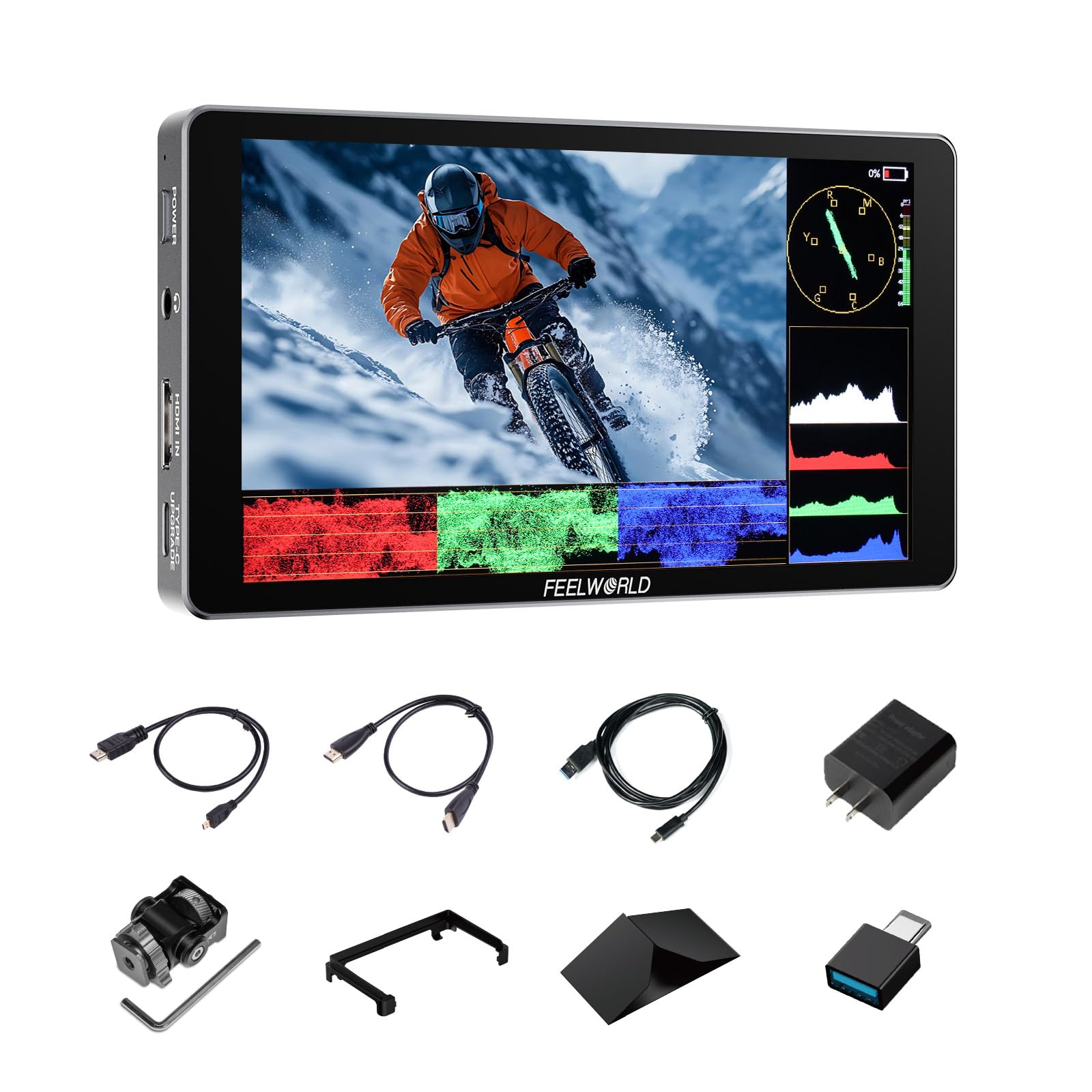 FEELWORLD P6XL Monitor per fotocamera con batteria integrata, 6 pollici 1200 nit touchscreen monitor da campo DSLR con forma d'onda 3D LUT HDR 4K HDMI e involucro in alluminio