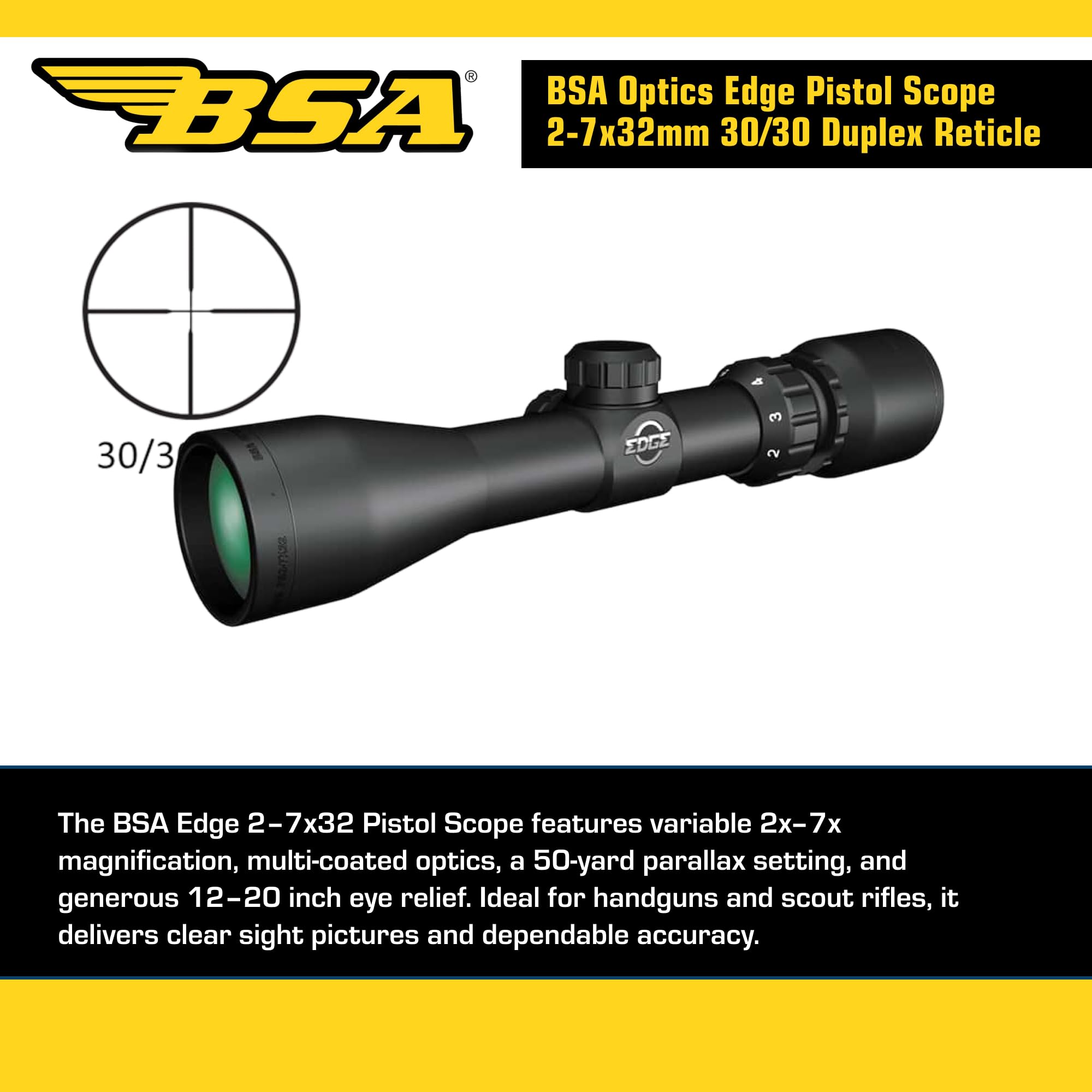 BSA EDGE 2-7x32 ピストル スコープ Amazon.com : BSA Optics, Edge Pistol Scope 2-7x32mm 30/30 Duplex