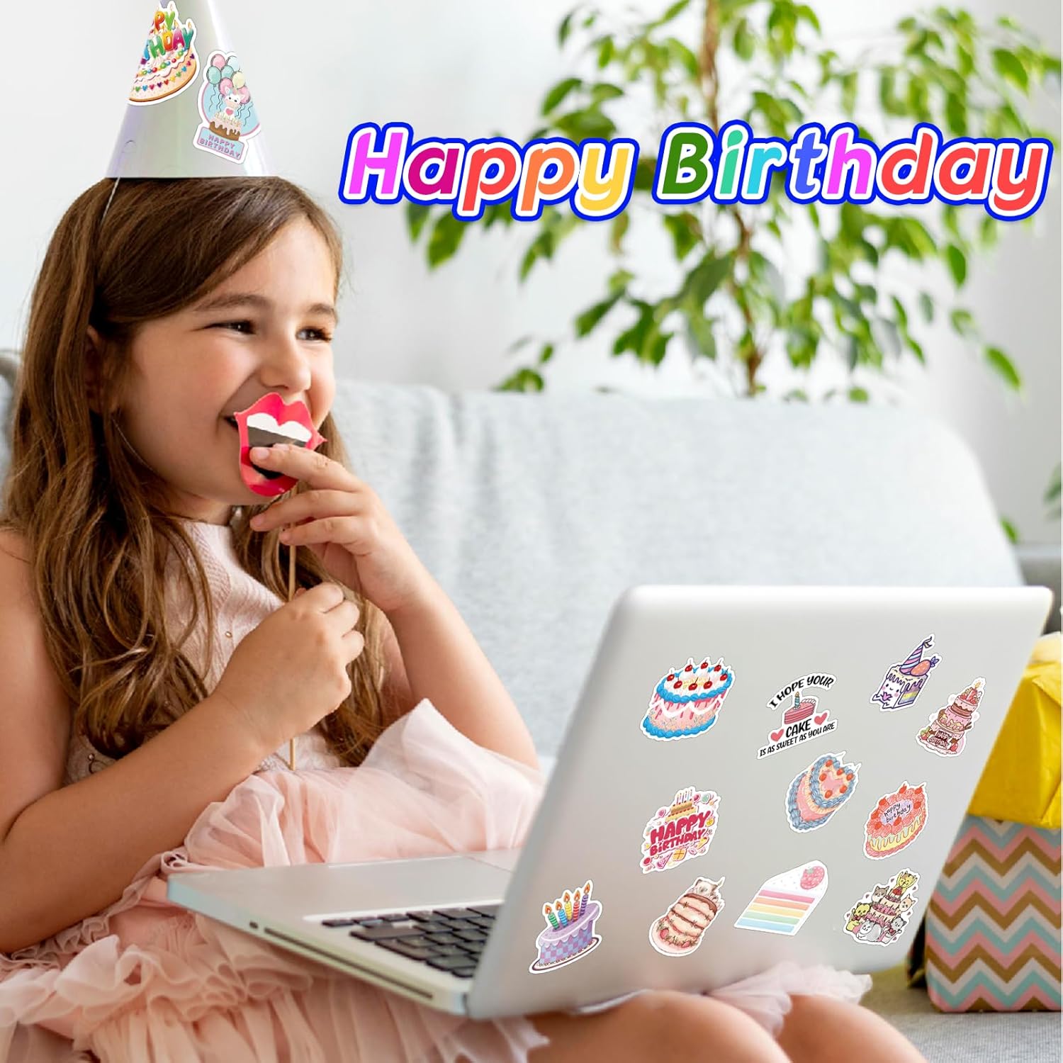 100Pcs Happy Birthday Stickers, Vinyl Cartoon Birthday Cake Stickers, Waterproof Birthday Party Decals for Water Bottles, Laptops, Scrapbooking, DIY Crafts