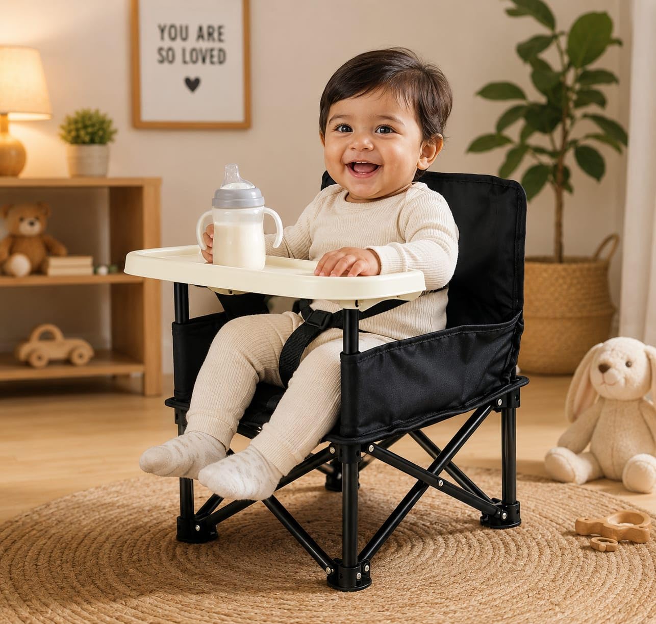 Portable Baby Folding Chair with Removable Tray & 3-Point Safety Harness | Foldable Kids Feeding Chair for Indoor, Outdoor, Travel, Camping & Picnic Lightweight Baby Seat (Black)-image-41