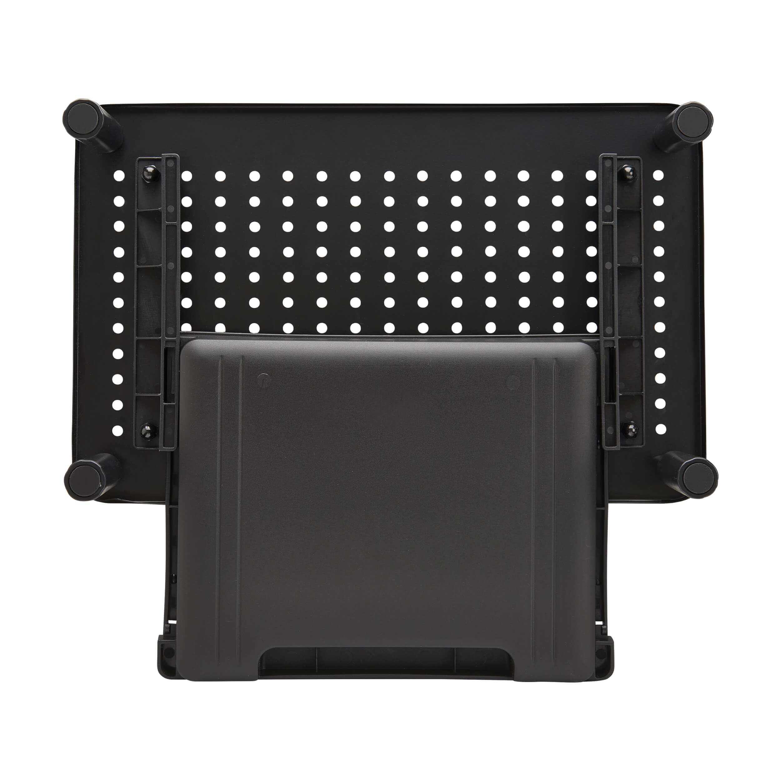 Tripp Lite Supporto per monitor singolo per scrivania con cassetto portaoggetti, regolabile in altezza, struttura in metallo con prese d'aria e piedini in gomma, nero, piattaforma 38,1 x 22,9 cm,