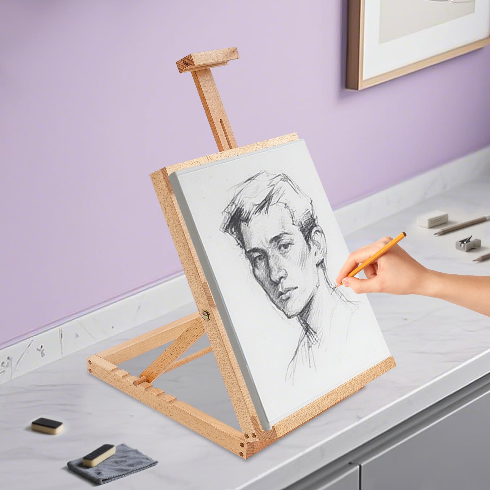 Caballete de mesa de madera resistente con marco en H, soporta lienzo de hasta 30 x 32 cm, caballete de mesa ajustable de madera de haya para pintar lienzo, para adultos y principiantes