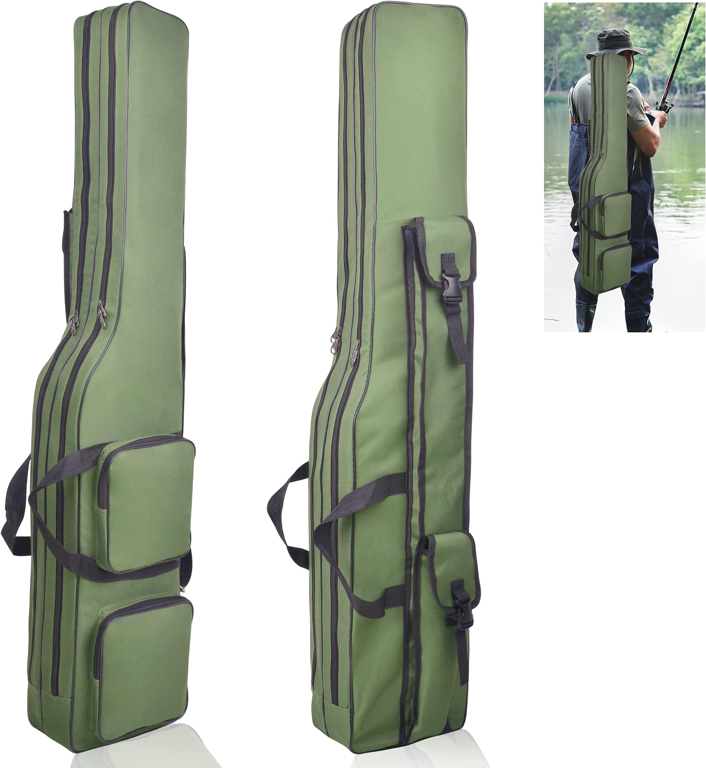 OROOTL Fishing Carrier Holdall, Foldable Waterproof 600D Oxford Fishing Rod Bag with Adjustable Rod Holders & Large Storage Pockets, Fishing Tackle Organizer Case for Pike Salmon Trout Anglers
