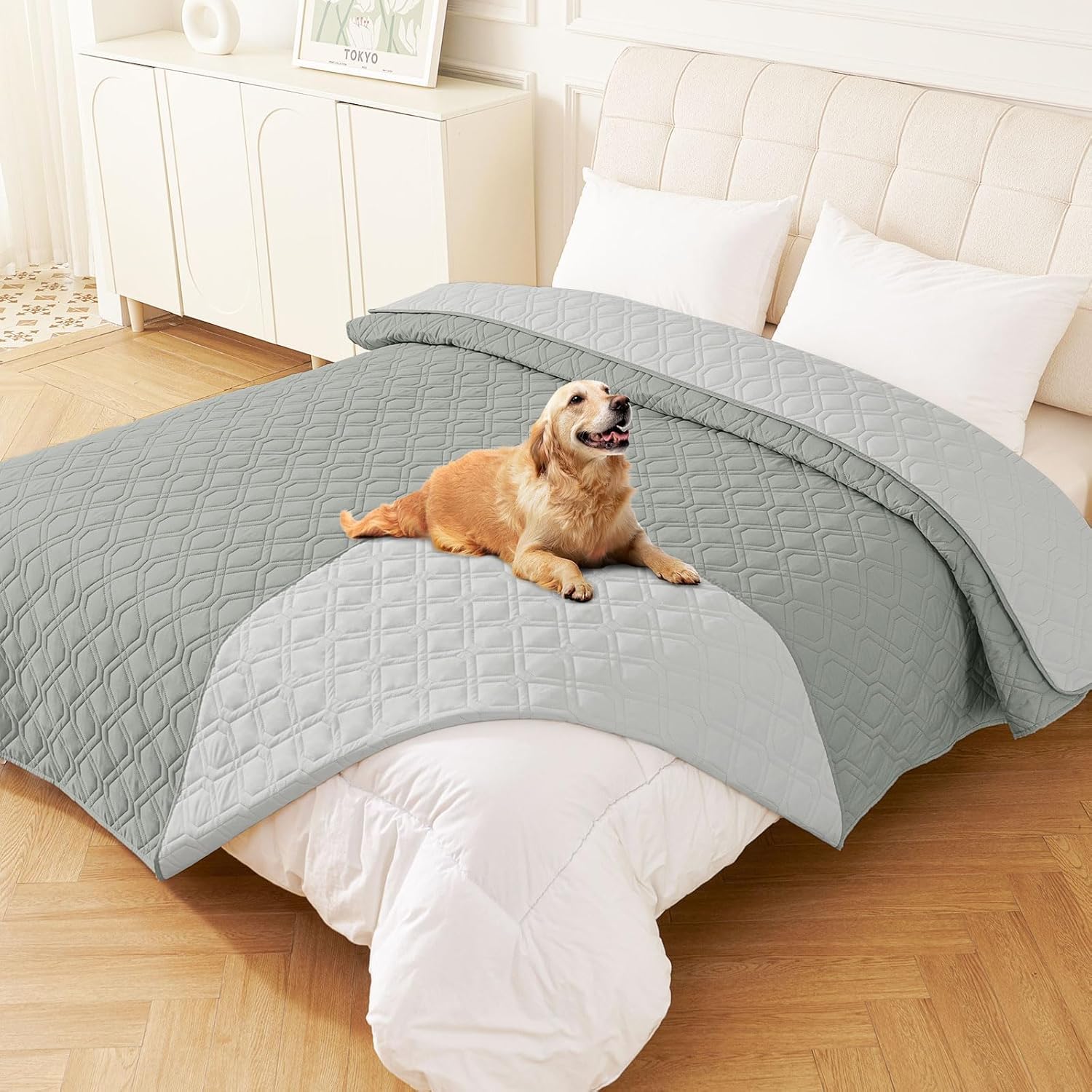 Homaxy Waterproof Dog Blanket Washable, Soft Pet Blanket For Dogs Cats, Reversible Puppy Blanket for Bed Sofa Couch, 203X208cm, Grey+light grey