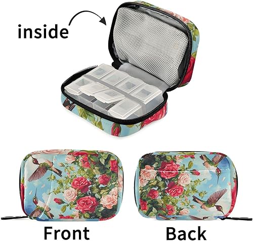 Miniatura 7 de Eyanle Pastillero de viaje semanal pequeño para el 4 de julio, diseño de rosas rojas y colibríes, pastillero de 7 días, organizador de botellas de