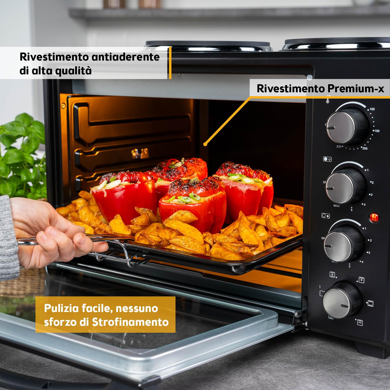 TZS First Austria - Mini Forno con fornelli 45L 3200 W - Fornetto per pizza con piastre fino a 230°C e rivestimento antiaderente - Multiforno con 4 altezze di inserimento e accessori di alta qualità