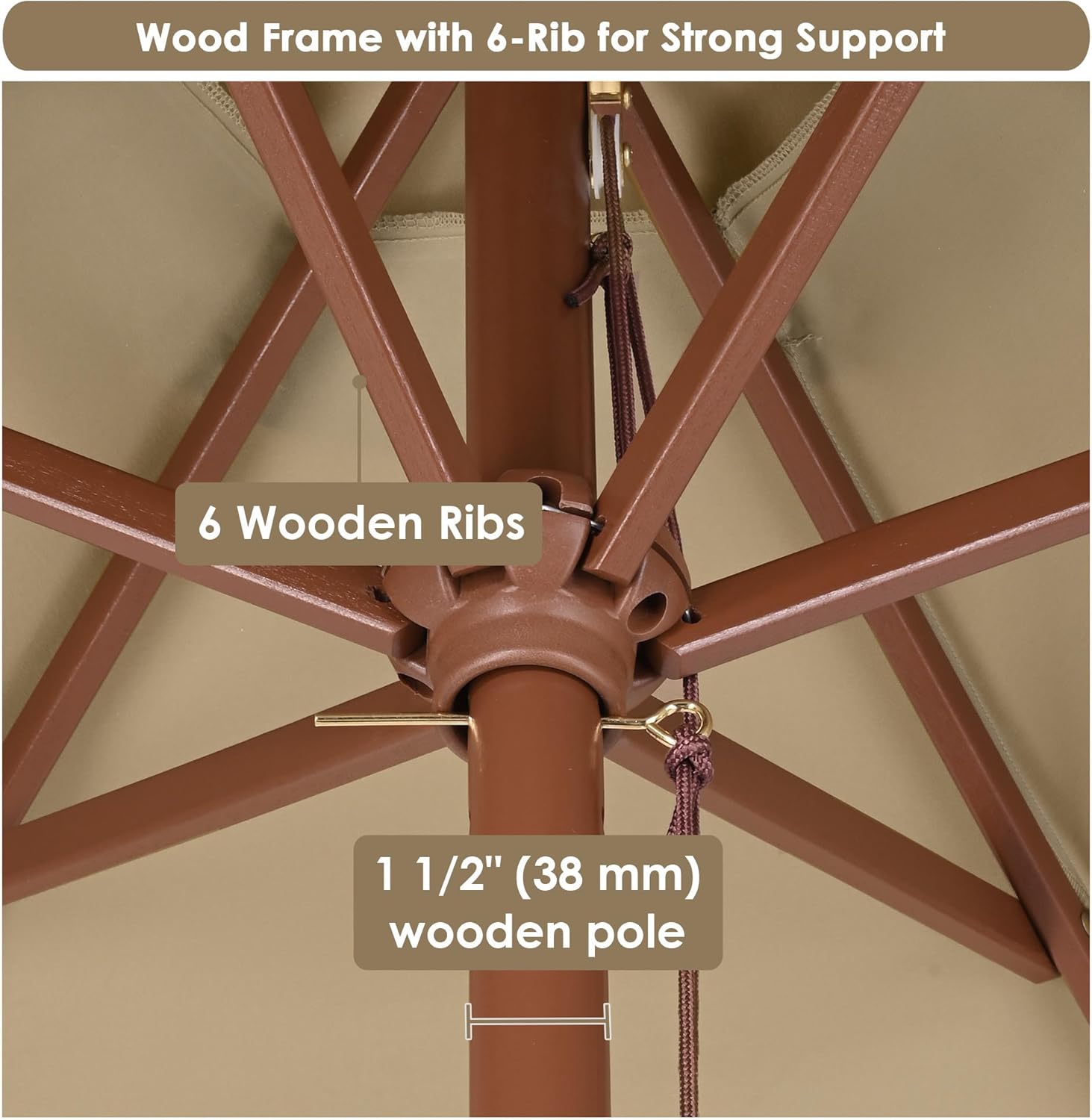 Yescom Compact 7ft Coastal Solid Wood Market Umbrella Windproof Weather-resistant Commercial Retro Stand Included for Sidewalk Cafe Restaurant Space-Saving