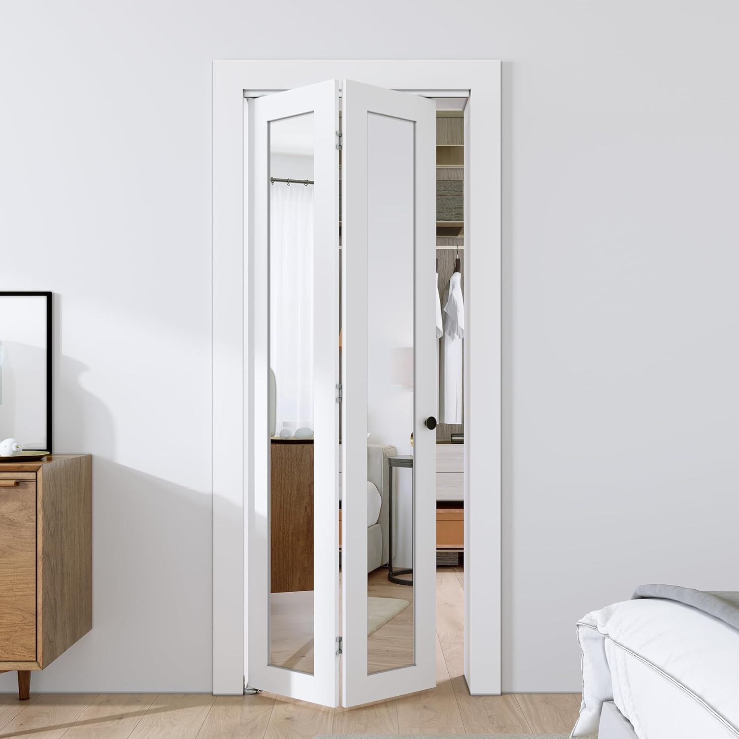 SMARTSTANDARD Bifold Doors, Mirror Closet Doors for 30''（15" x2） x 80" with Sliding Hardware Kit Set, Interior Bi Fold Door for Closet, Easy Install, MDF, White