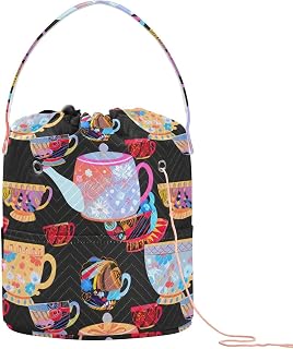 UMIRIKO Colorful Teacups Teapots Floral Yarn Storage Organizer Knitting Bag Portable Yarn Bag with Drawstring for Knitting Accessories 202c1247