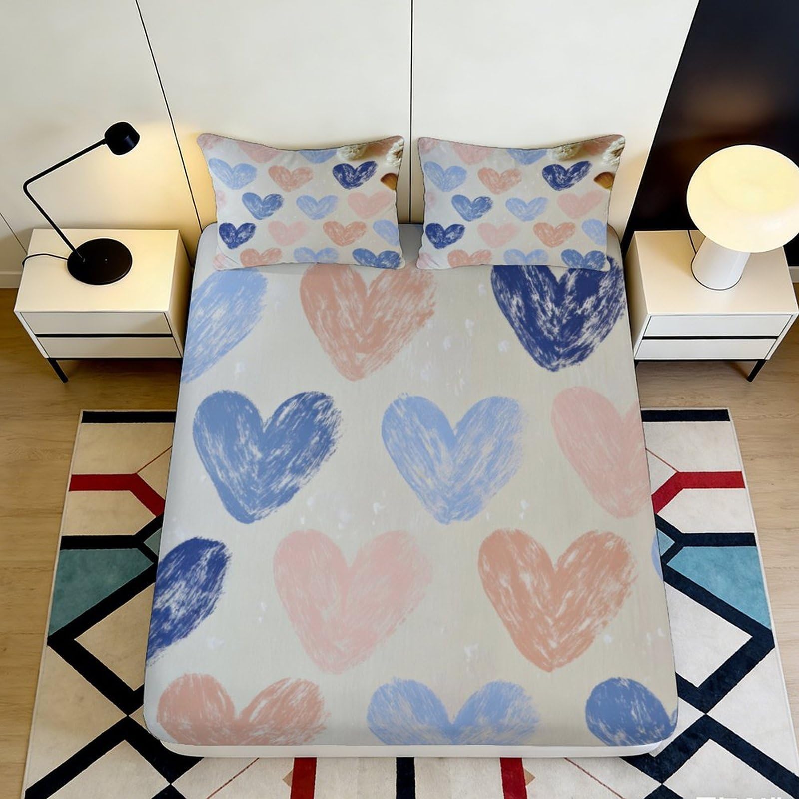 3D Printed Pastel Heart Fitted Sheet Microfiber Soft Bedroom Decor Blue Pink Artistic Mattress Cover 90x200x25cm