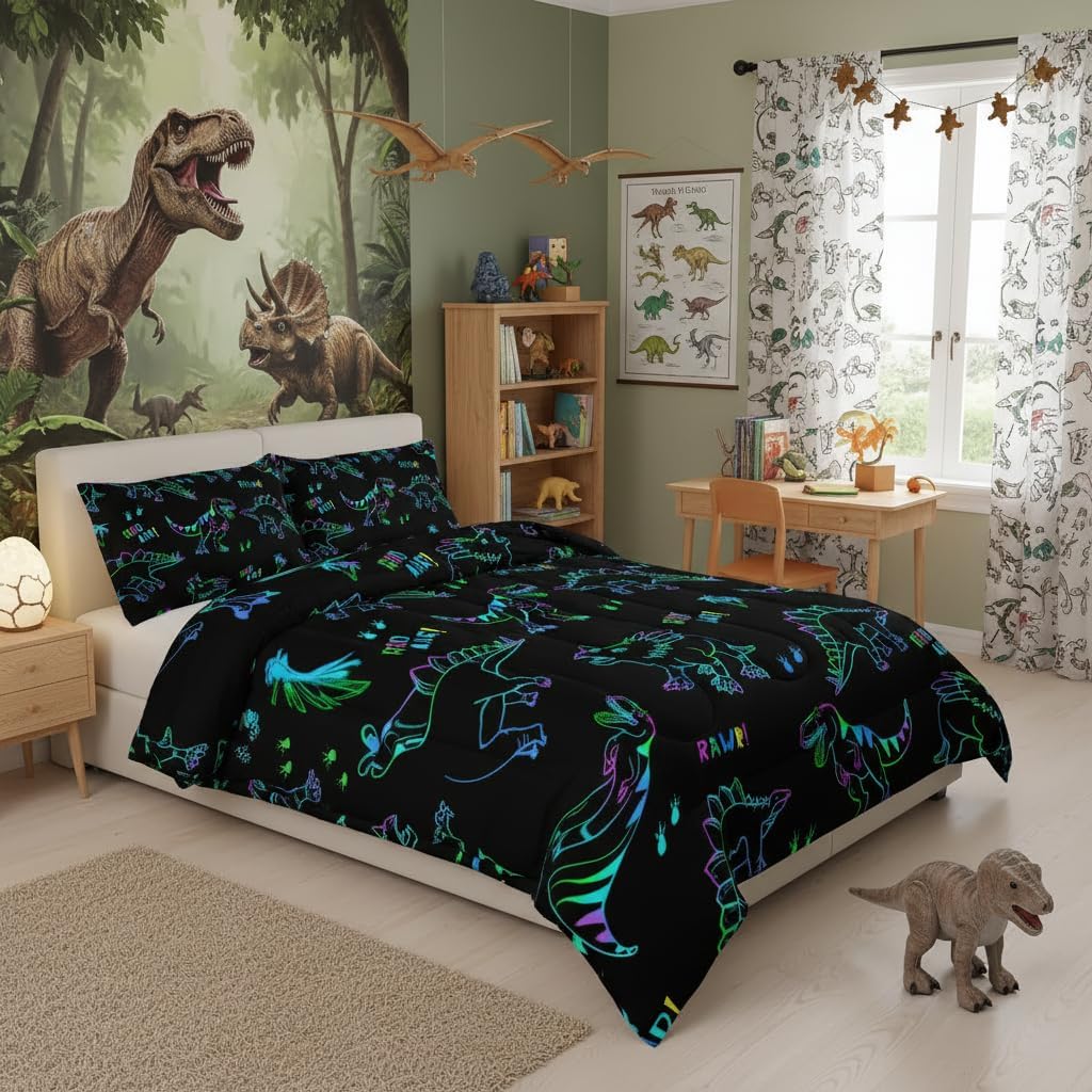 QOOMO Jurassic Dinosaur Kids Bedding Set, Black Cartoon Animals Comforter Twin Size, Suitability Girs and Boys Black Decorate a Room 1 Comforter Set 2 Pillowcases