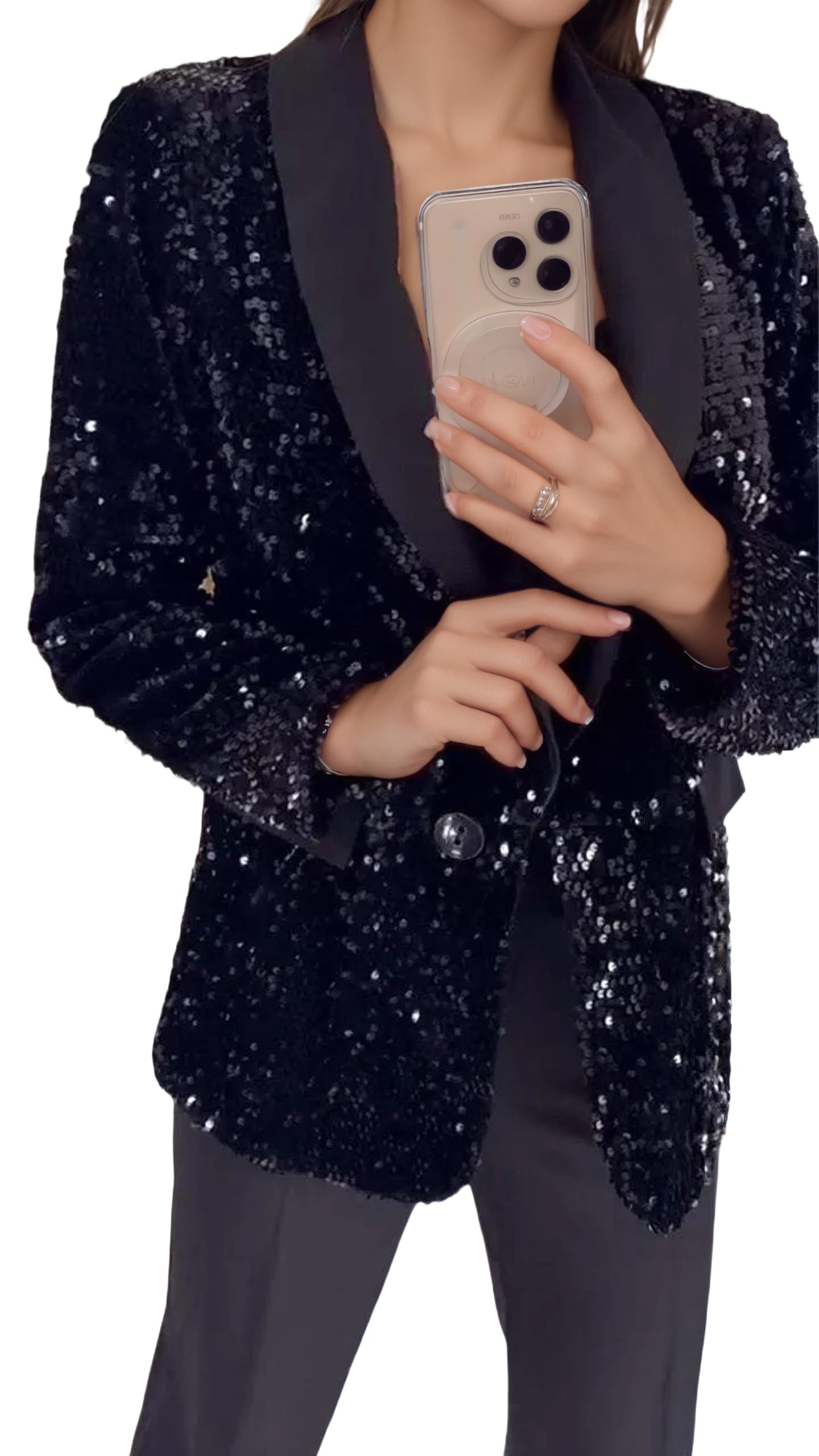 Womens Sequins Velvet Blazer Notch Lapel Casual Loose Long Sleeve Sparkly Party Jacket Coat