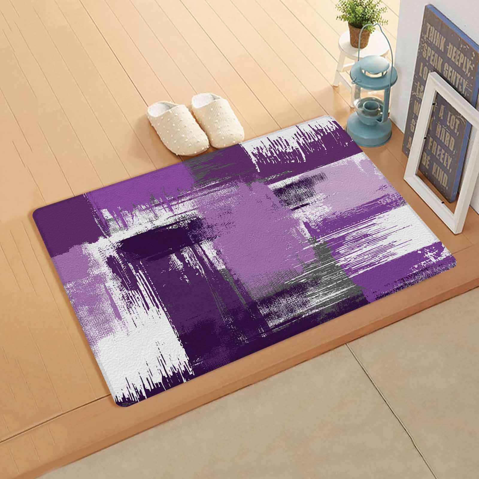 Geometric Purple Kitchen Bath Door Mat Cushioned Runner Rug,Washable Welcome Floor Sink Antifatigue Mat,Waterproof & Non-Slip Comfort Standing Doormat,Contemporary Abstract Painting White 24