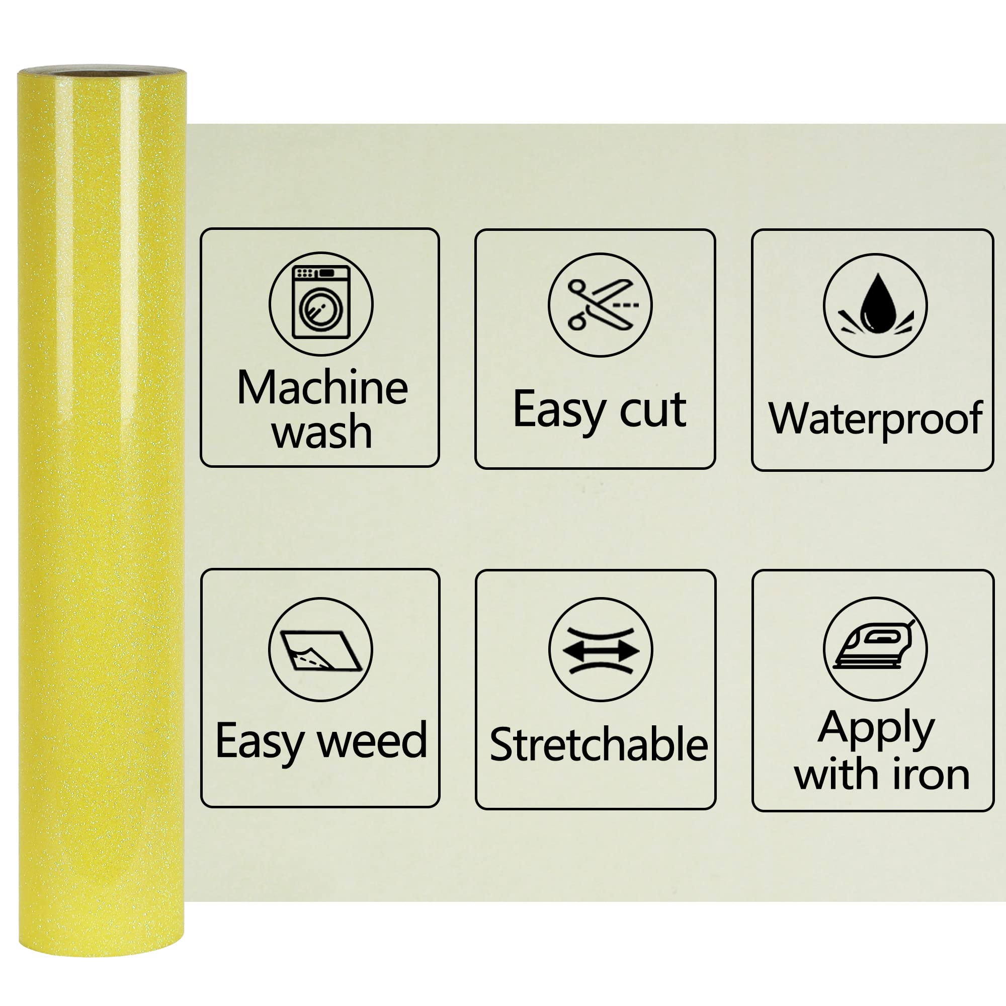 SHOMKIEE Yellow Glitter HTV Heat Transfer Vinyl Rolls 12inch by 6feet PU Stretch Iron on Vinyl HTV Vinyl for T-Shirt for Silhouette and Cameo(6Ft, Z1-Glitter Yellow)