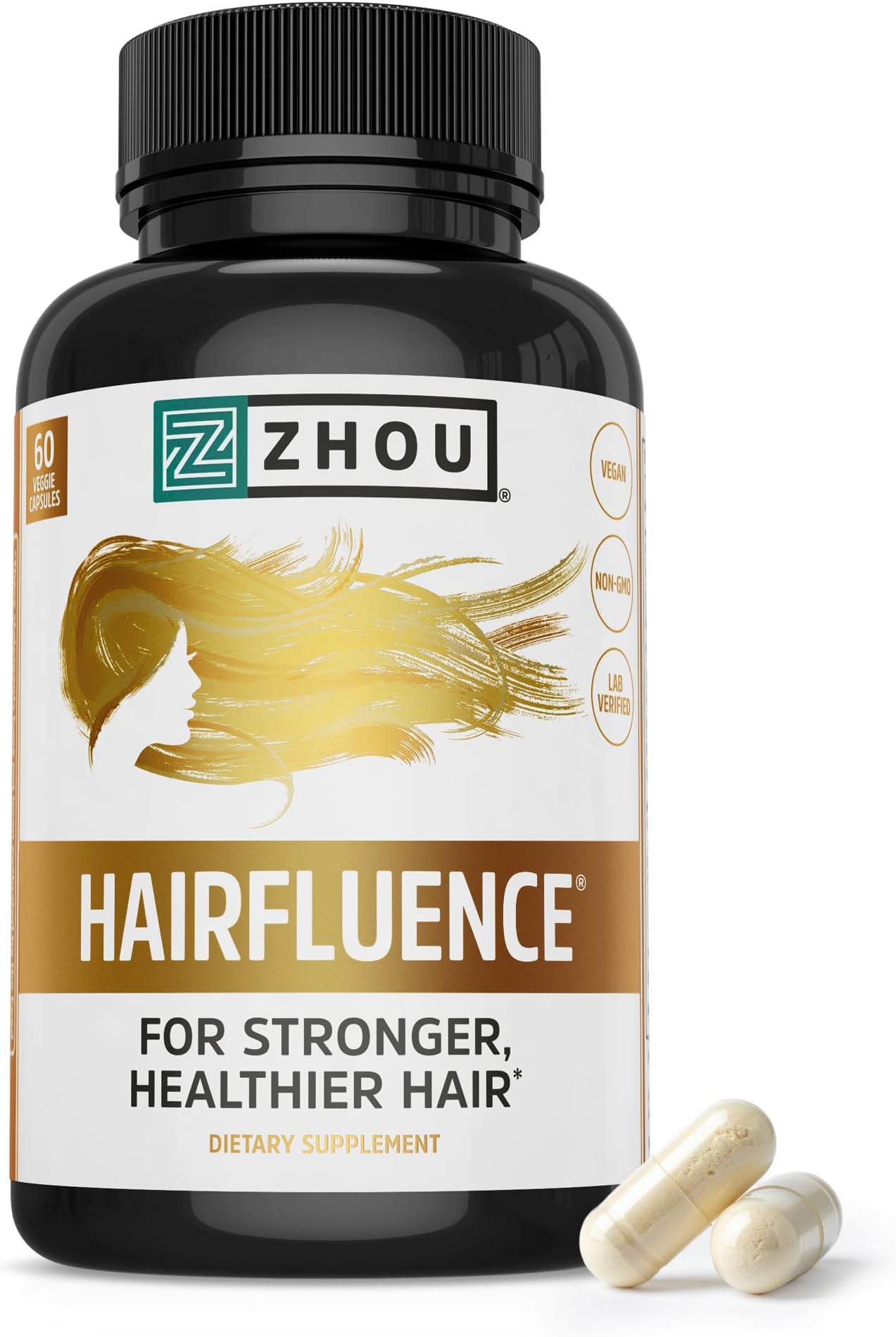 Zhou Hairfluence - Vegan Biotin Supplement for Hair Growth for Men & Women, Supports Stronger, Healthier Hair, Nails, & Glowing Skin with Lustriva & B Vitamin Complex - 60 Veggie Capsules (Pack of 1)