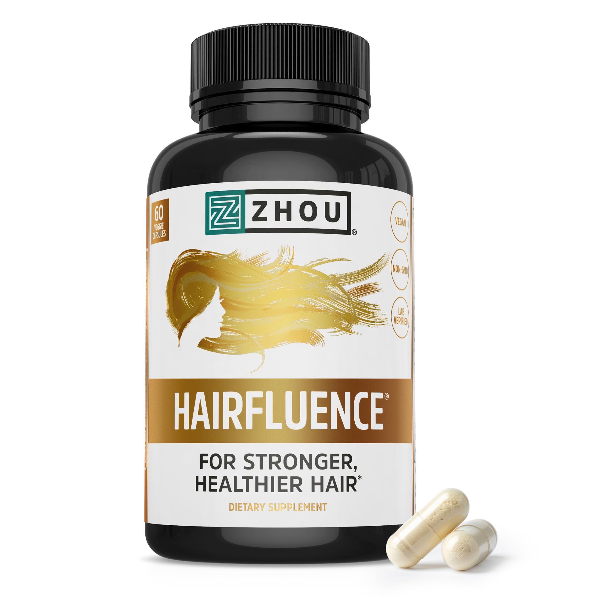 Zhou Hairfluence | Premium Hair Growth Formula for Longer, Stronger, Healthier Hair | Biotin, Collagen, Keratin, B Vitamins, Bamboo Extract | for All Hair Types | 60 VegCaps
